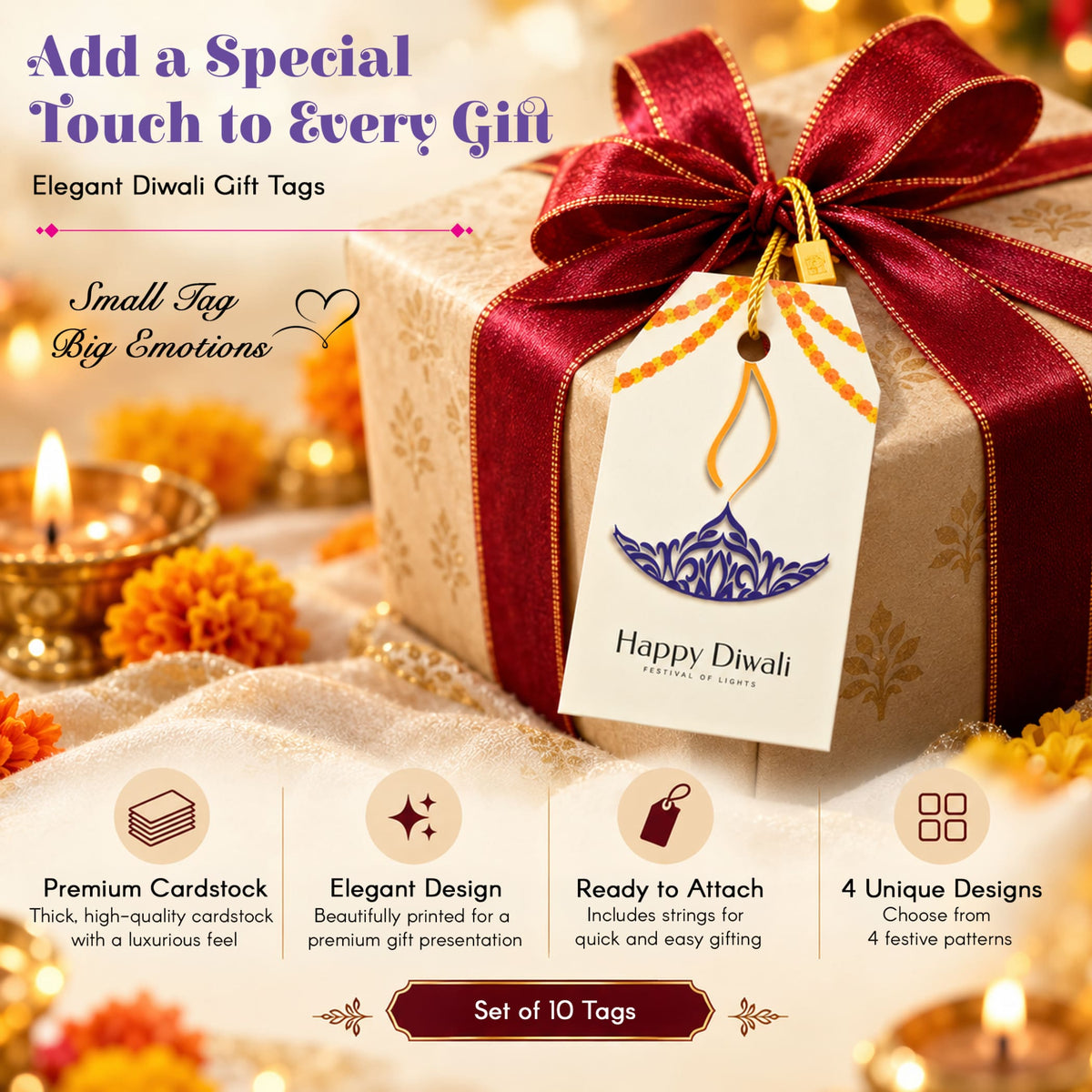Set of 10 white paper happy diwali gift tags with blue ornate diya design and red ribbon for diwali gifts and party favors