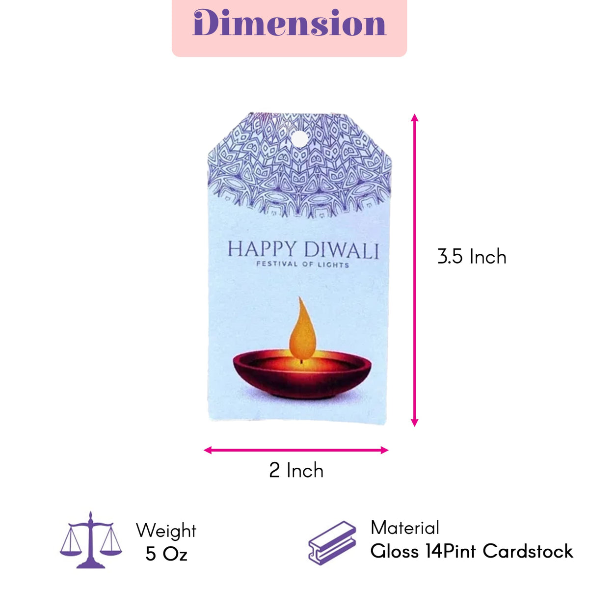 Set of 10 light blue glossy cardstock happy diwali gift tags with purple pattern and red lit diya candle illustration