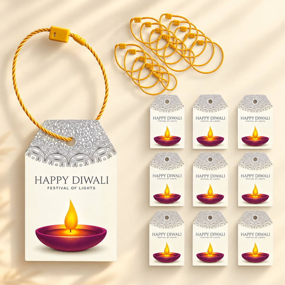 Happy diwali gift tags with string featuring a purple diya, silver ornate border, and yellow string loop for festive gifts