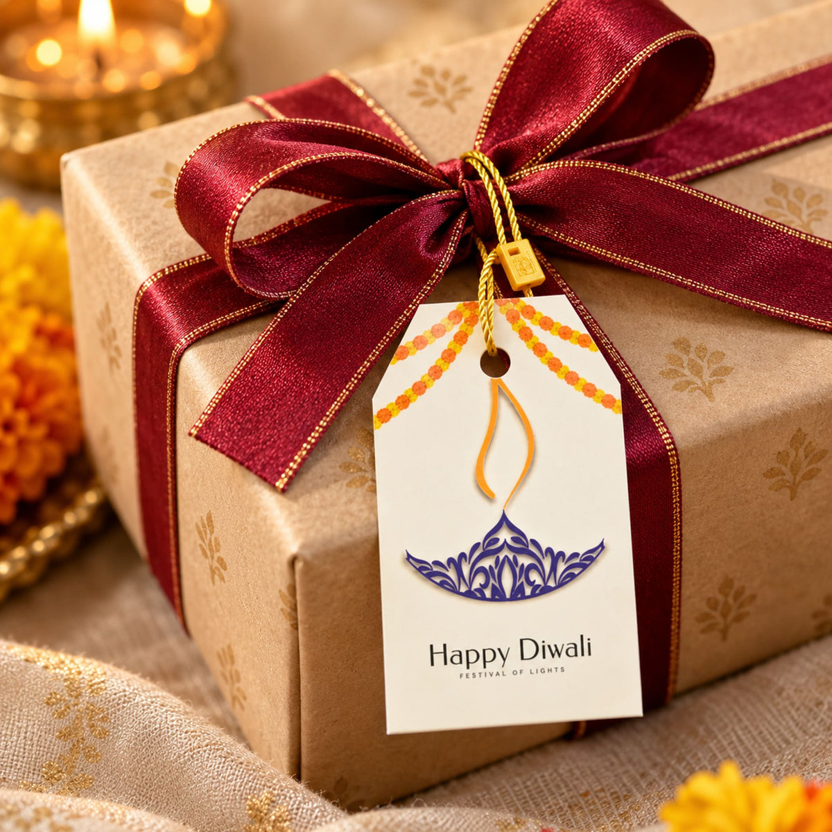 A festive gift box wrapped in beige patterned paper with a burgundy satin ribbon and white happy diwali gift tag