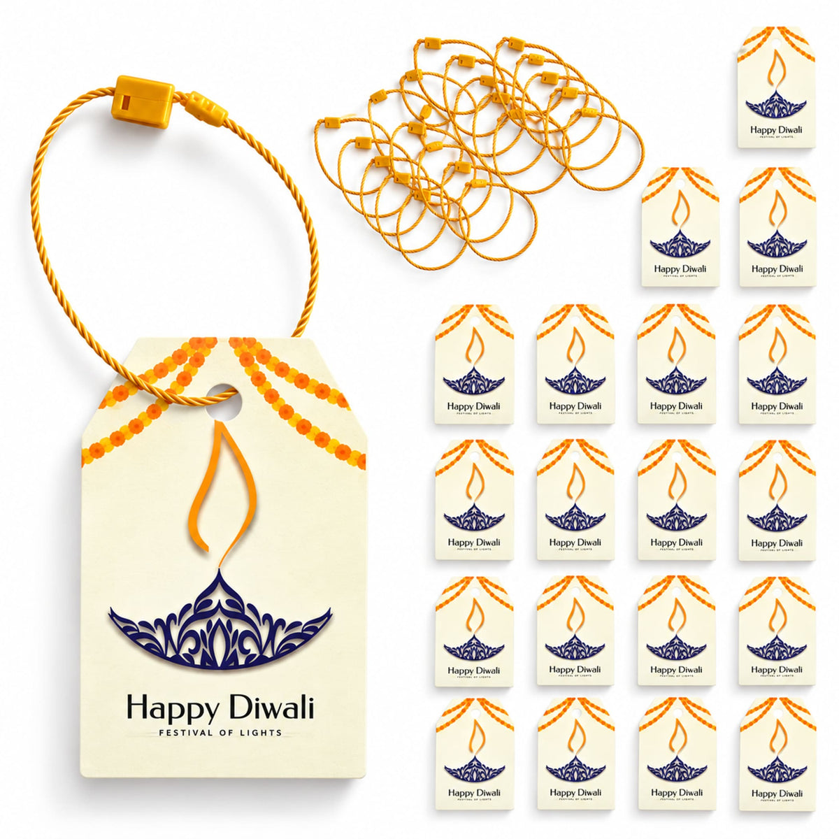 Cream-colored paper diwali gift tag with blue and orange lamp design attached to yellow string for hanging gifts