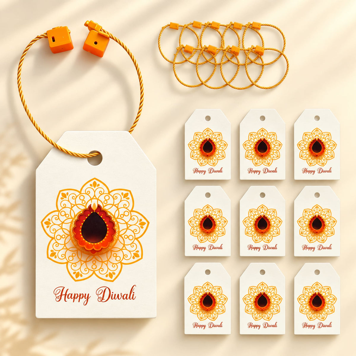 White paper happy diwali gift tag with gold ornate mandala and orange diya illustration for diwali presents and party favors