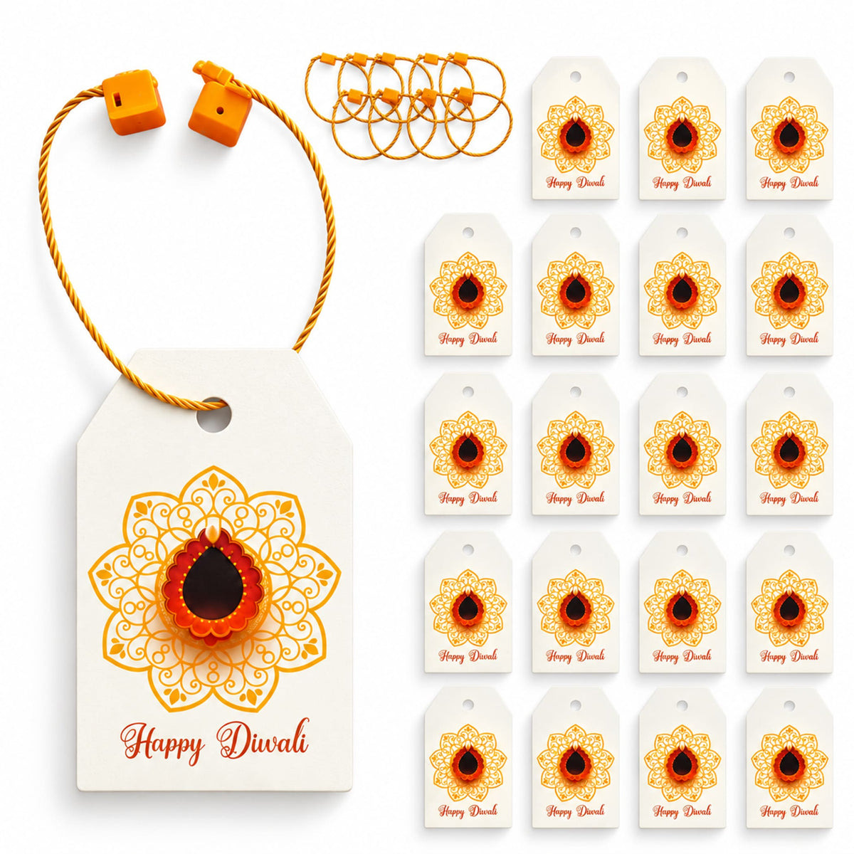 White paper diwali gift tag with gold mandala, orange diya illustration, red happy diwali text, and string for hanging