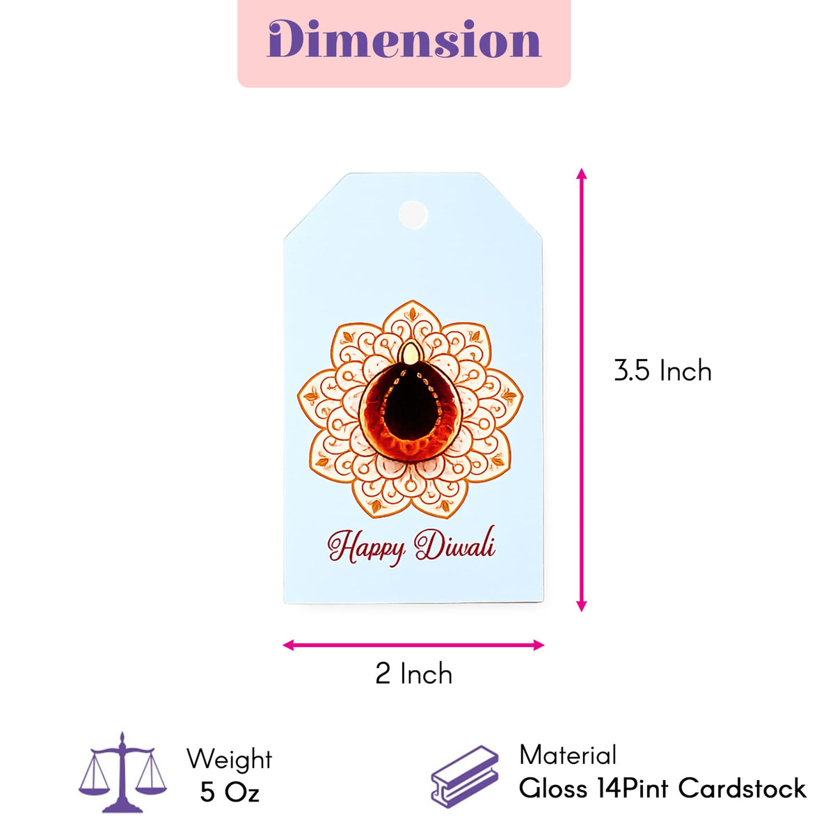 Set of 10 happy Diwali light blue gift tags with gold and orange mandala diya design printed on glossy 14pt cardstock