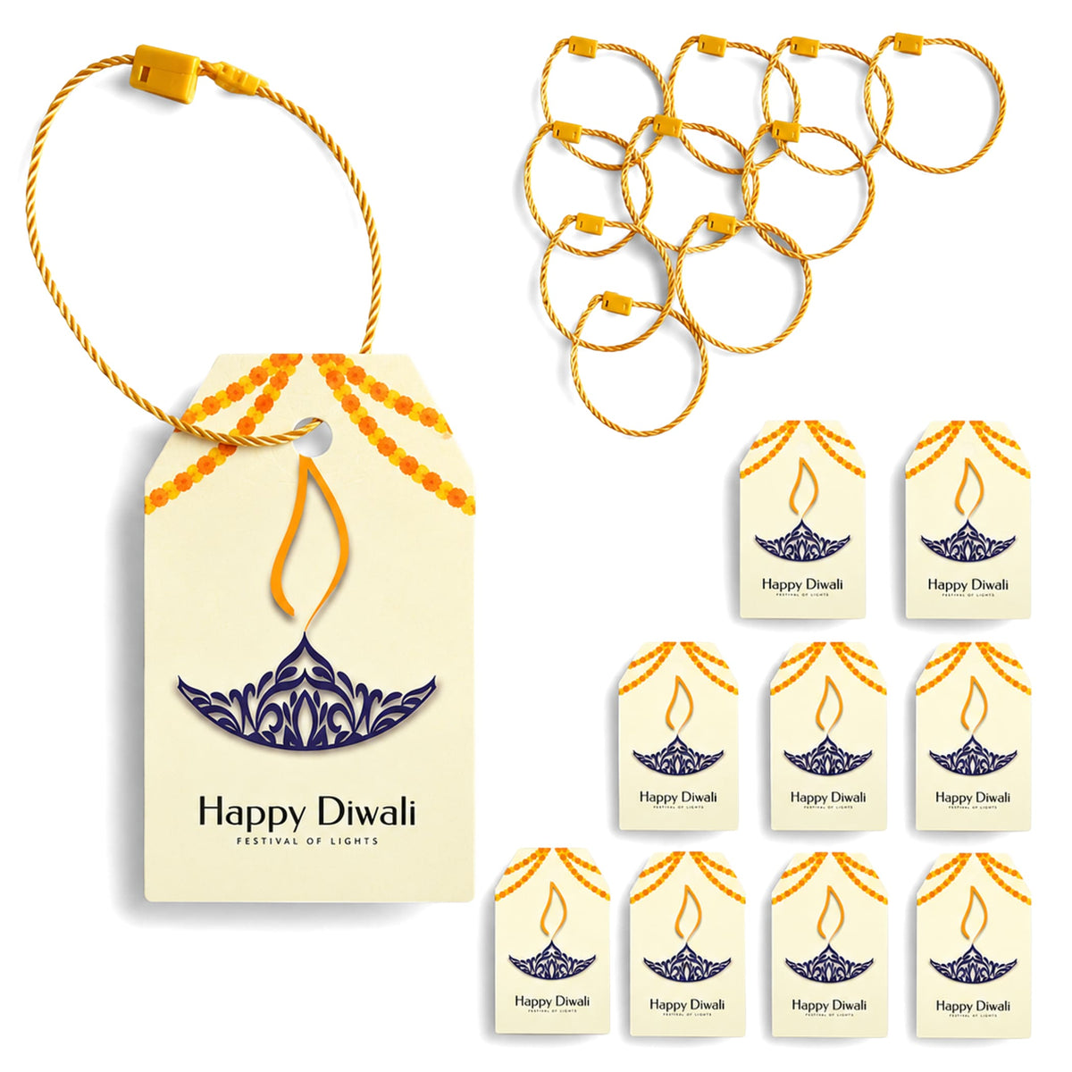 Cream-colored paper happy Diwali gift tag with navy lantern design orange beaded trim and yellow twisted cord