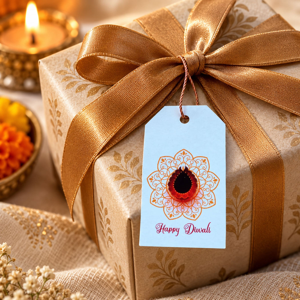 A light blue paper happy diwali gift tag with gold mandala design attached to a brown gift box with golden ribbon
