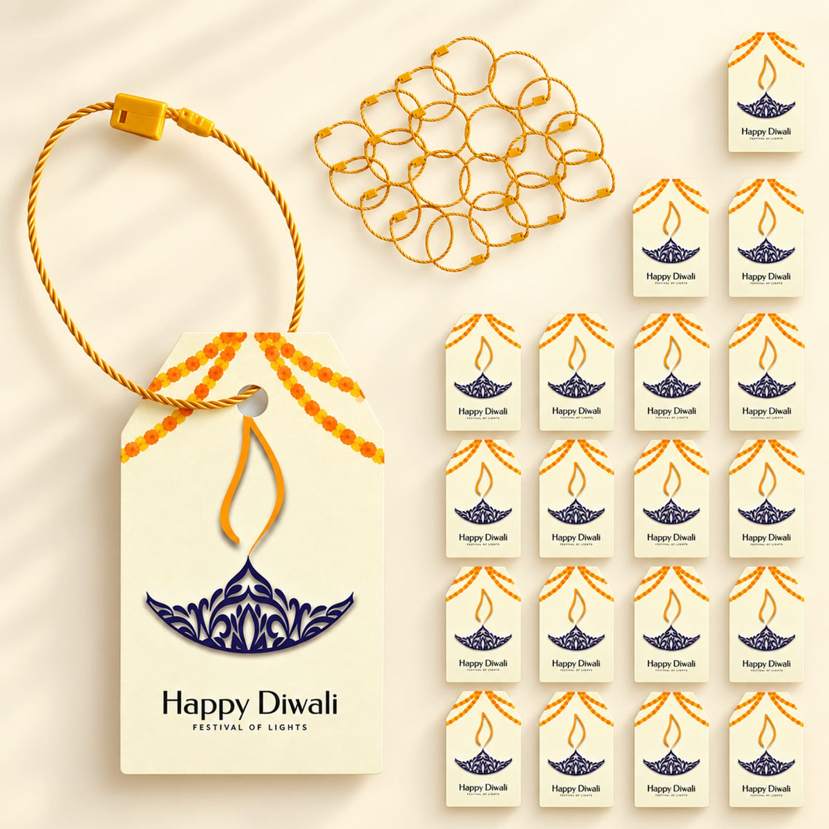 Cream-colored paper happy diwali gift tag with navy blue and gold lantern design and yellow braided string for diwali gifts