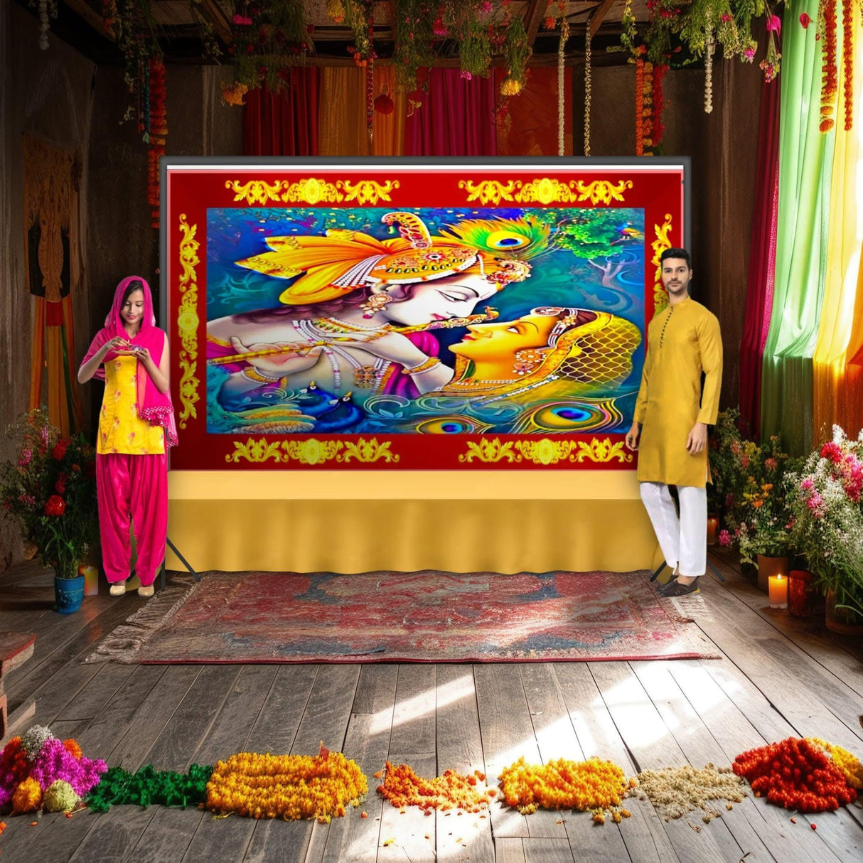 Radha Krishna Backdrop Indian Traditional Cloth 5x8 Feet Backdrop Pooja Wall Decor Indian Wall Art Photo Decor Banner Indian Janmashtami Decor Decorative Pooja Cloth - LoveNspire