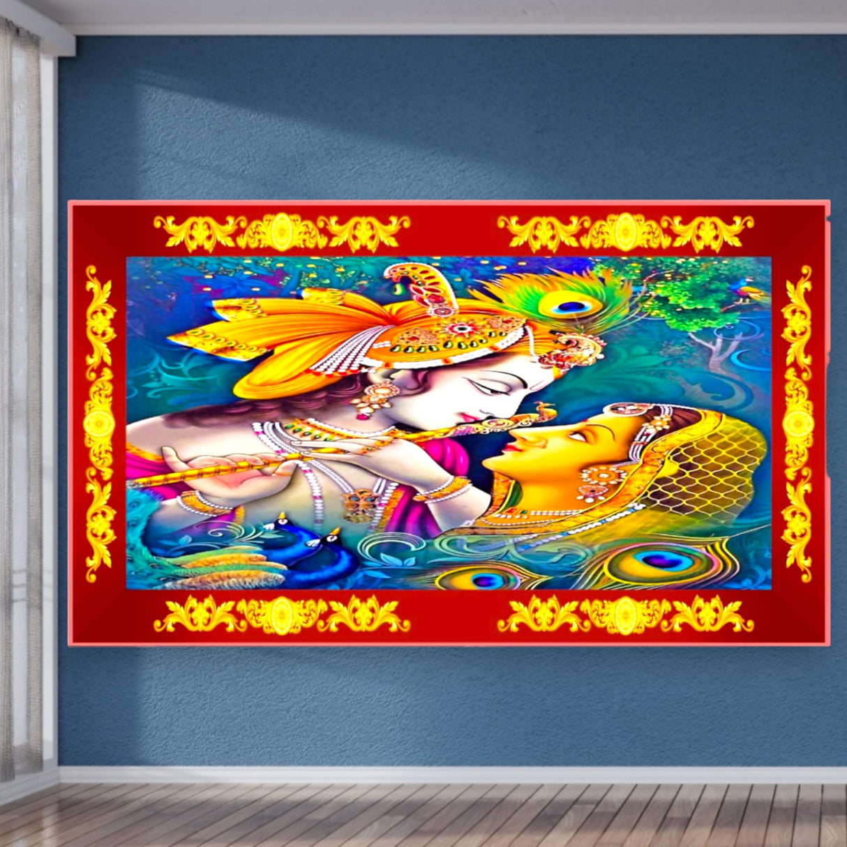 Radha Krishna Backdrop Indian Traditional Cloth 5x8 Feet Backdrop Pooja Wall Decor Indian Wall Art Photo Decor Banner Indian Janmashtami Decor Decorative Pooja Cloth - LoveNspire