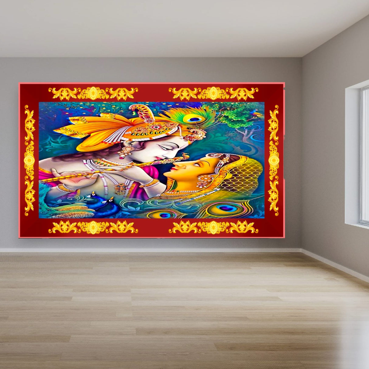 Radha Krishna Backdrop Indian Traditional Cloth 5x8 Feet Backdrop Pooja Wall Decor Indian Wall Art Photo Decor Banner Indian Janmashtami Decor Decorative Pooja Cloth - LoveNspire