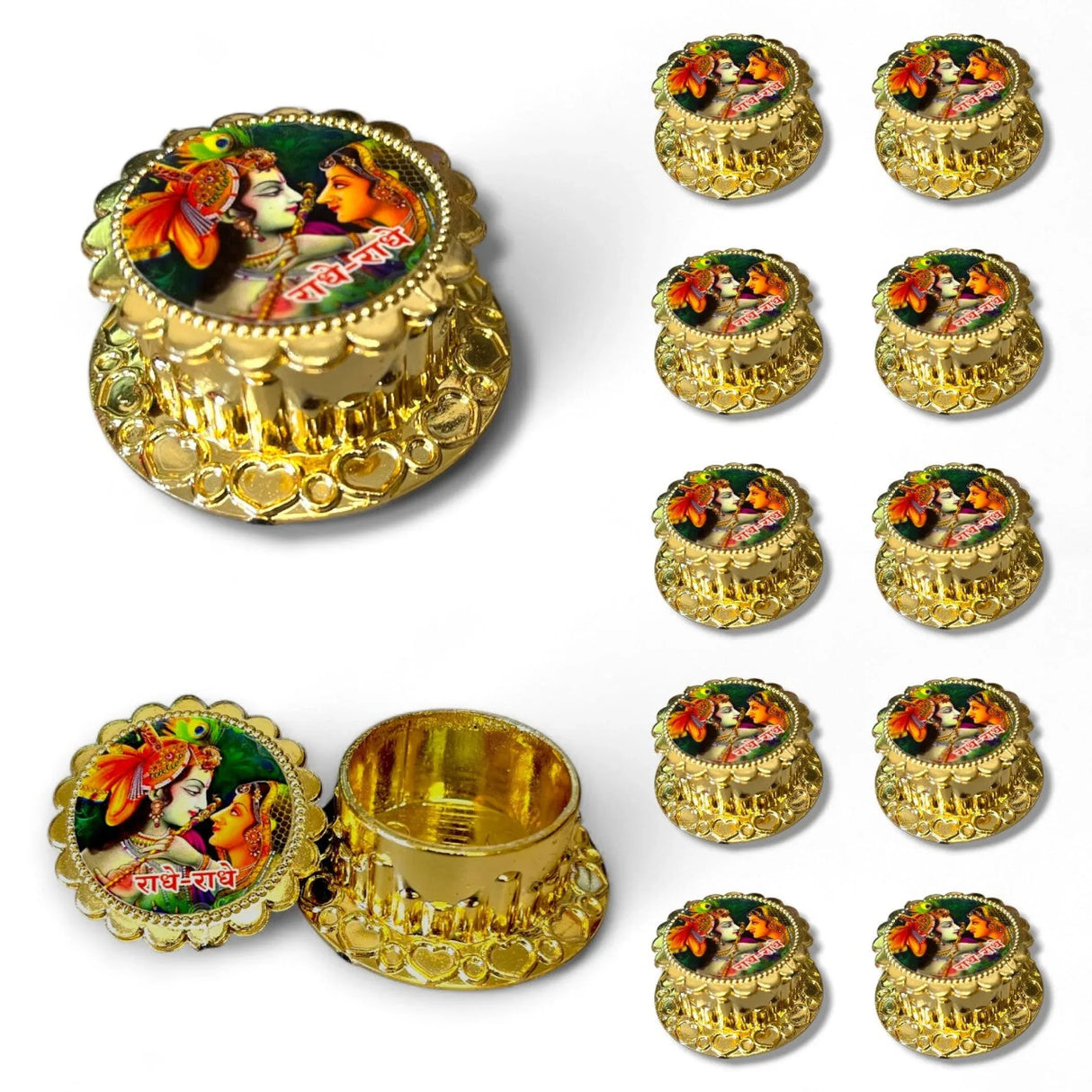 Radha Krishna Haldi Kumkum Holder Traditional Roli Chawal/Rice Holder for Pooja - Hindu Wedding Housewarming Return Gifts Indian Temple Decor Diwali Favors Religious Puja Accessories - LoveNspire