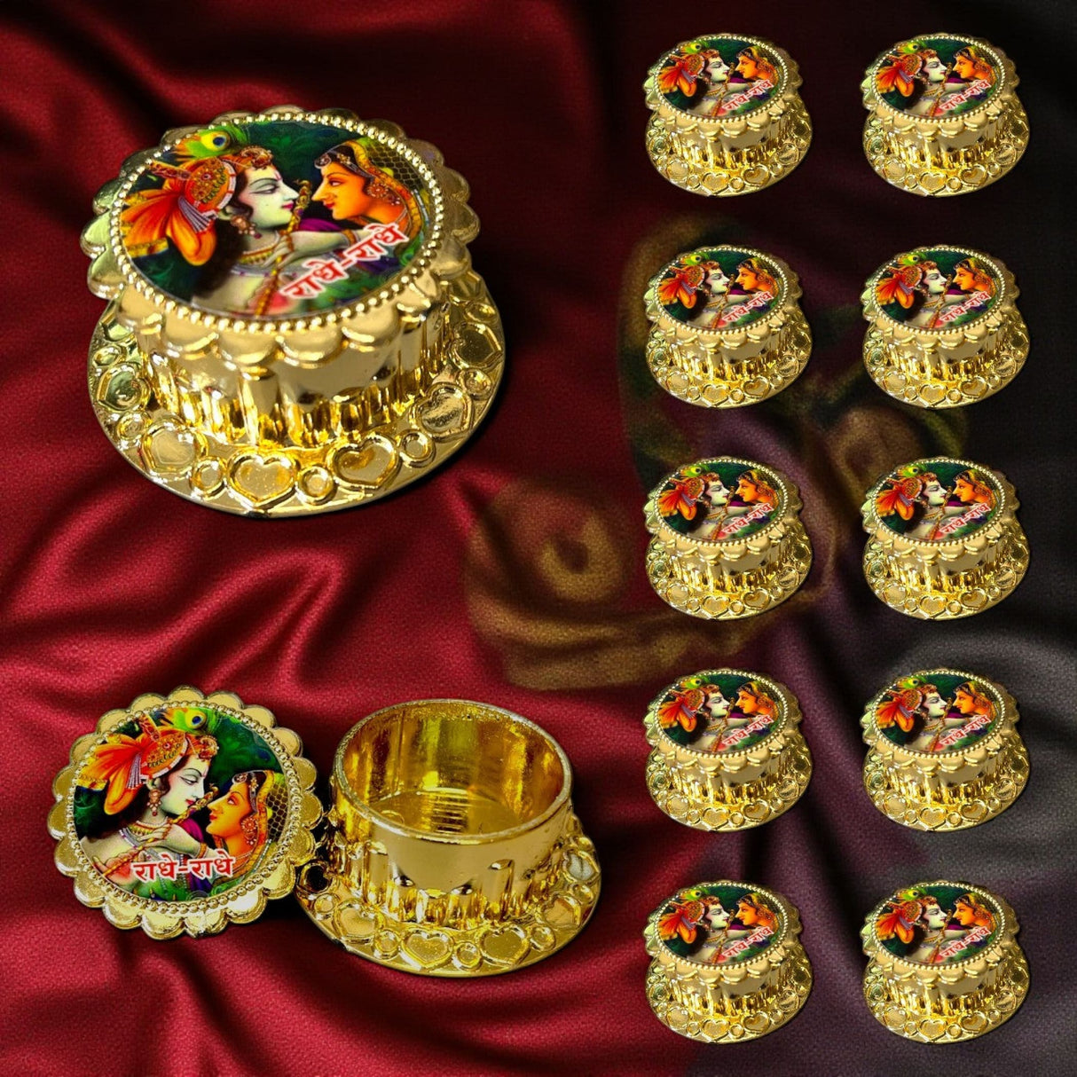 Golden Radha Krishna Haldi Kumkum Holder with Intricate Designs