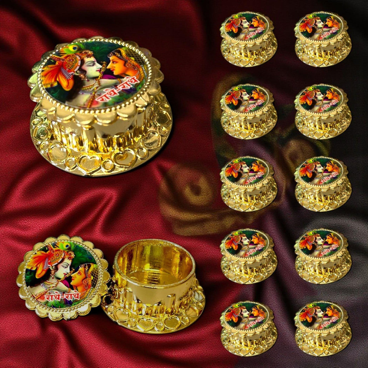 Radha Krishna Haldi Kumkum Holder Traditional Roli Chawal/Rice Holder for Pooja - Hindu Wedding Housewarming Return Gifts Indian Temple Decor Diwali Favors Religious Puja Accessories - LoveNspire