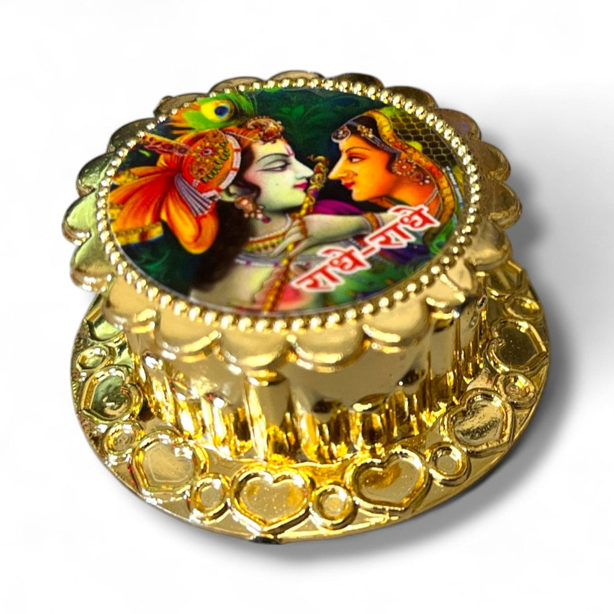 Golden Radha Krishna plate with heart patterns, haldi kumkum holder