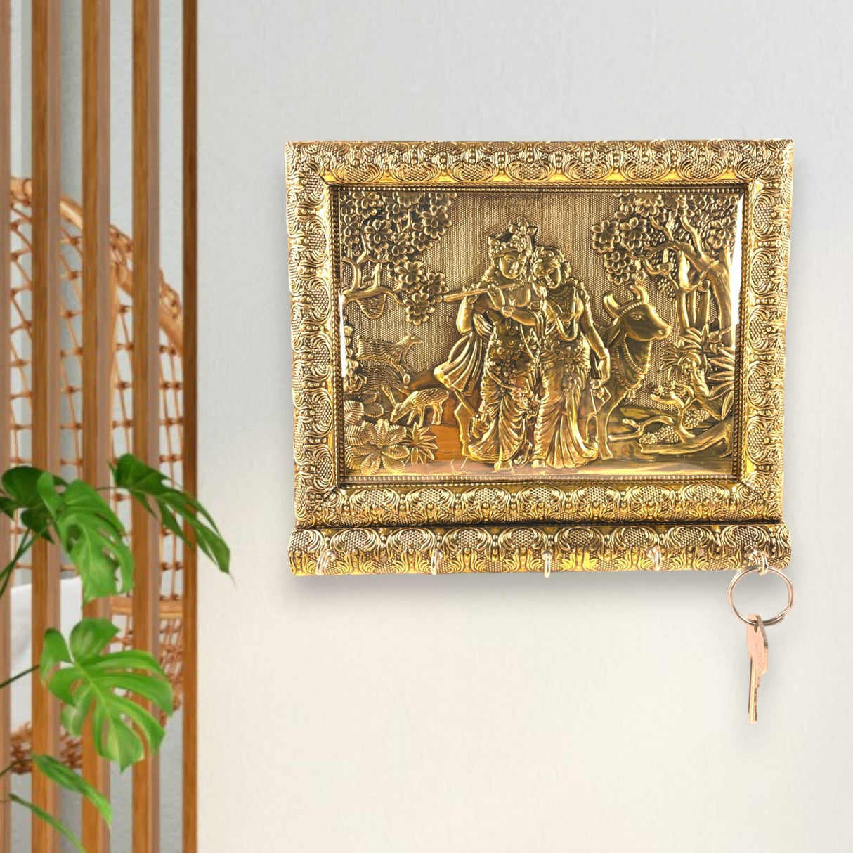 Radha Krishna with Cow Key Holder Home Decor Key Hooks for Wall Hanging Hand Crafted Decorative Showpiece Key Organizer Office Hallway Living Room Wall Mounted 5 Hooks Housewarming Gift - LoveNspire