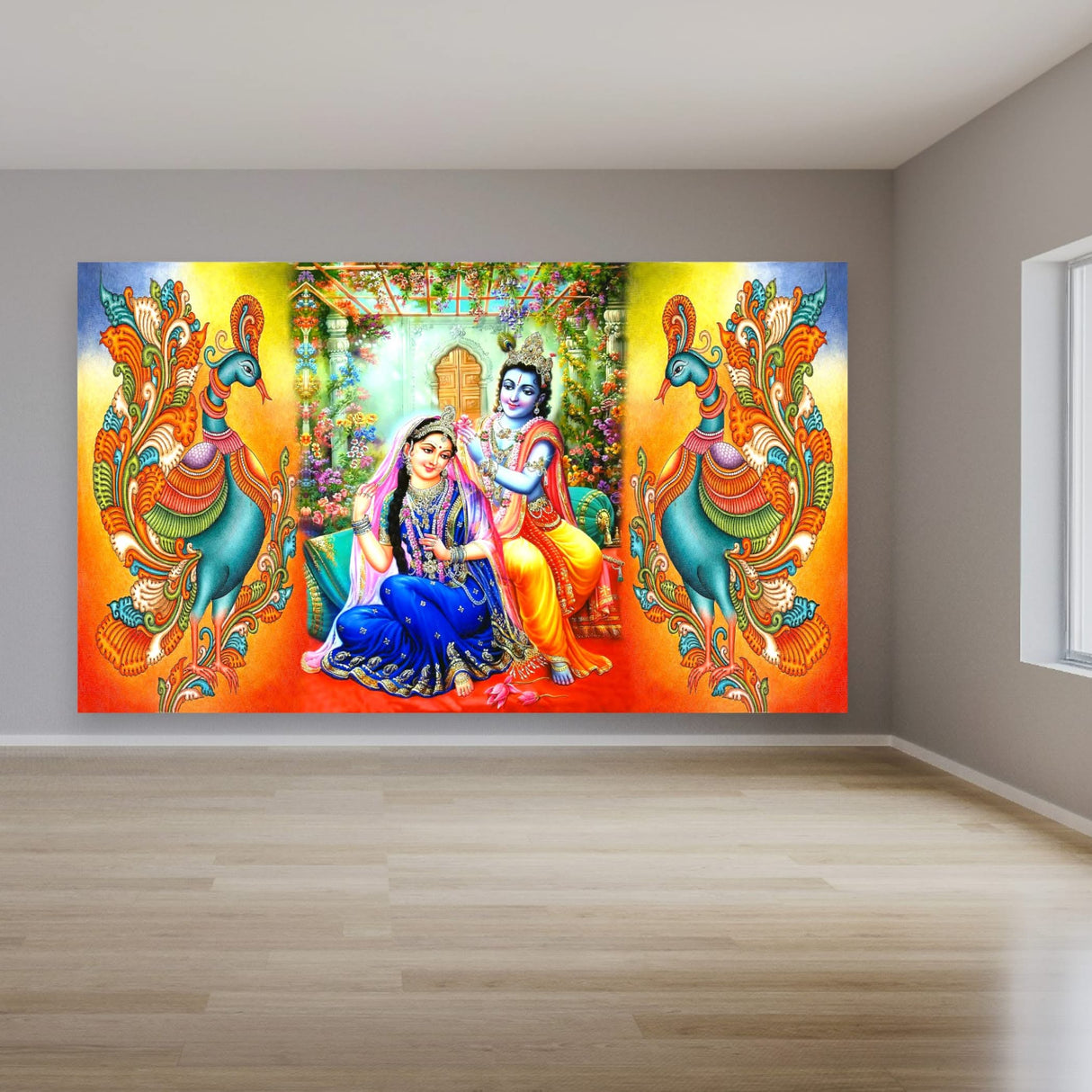 Radha Krishna with Peacock Backdrop Indian Traditional Cloth 5x8 Feet Backdrop Indian Janmashtami Decor Pooja Wall Decor Indian Wall Art Photo Decor Banner Decorative Pooja Cloth - LoveNspire