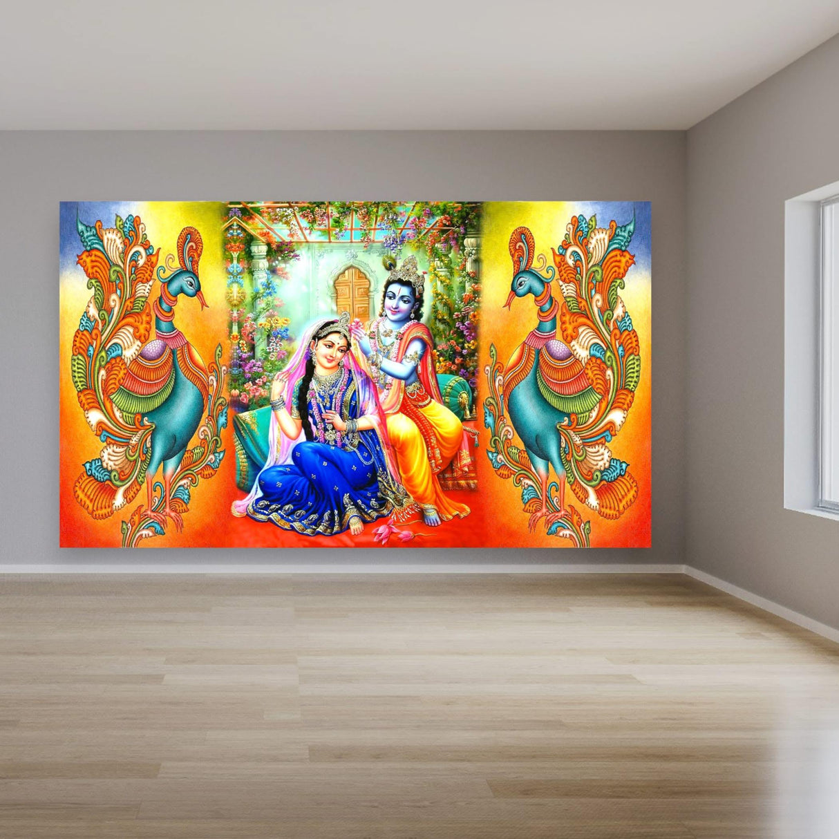 Radha Krishna with Peacock Backdrop Indian Traditional Cloth 5x8 Feet Backdrop Indian Janmashtami Decor Pooja Wall Decor Indian Wall Art Photo Decor Banner Decorative Pooja Cloth - LoveNspire