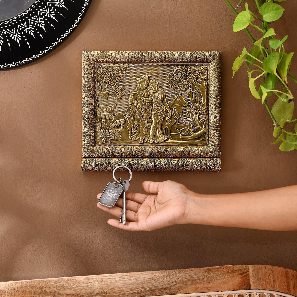 Radha Krishna with Cow Key Holder Home Decor Key Hooks for Wall Hanging Hand Crafted Decorative Showpiece Key Organizer Office Hallway Living Room Wall Mounted 5 Hooks Housewarming Gift - LoveNspire