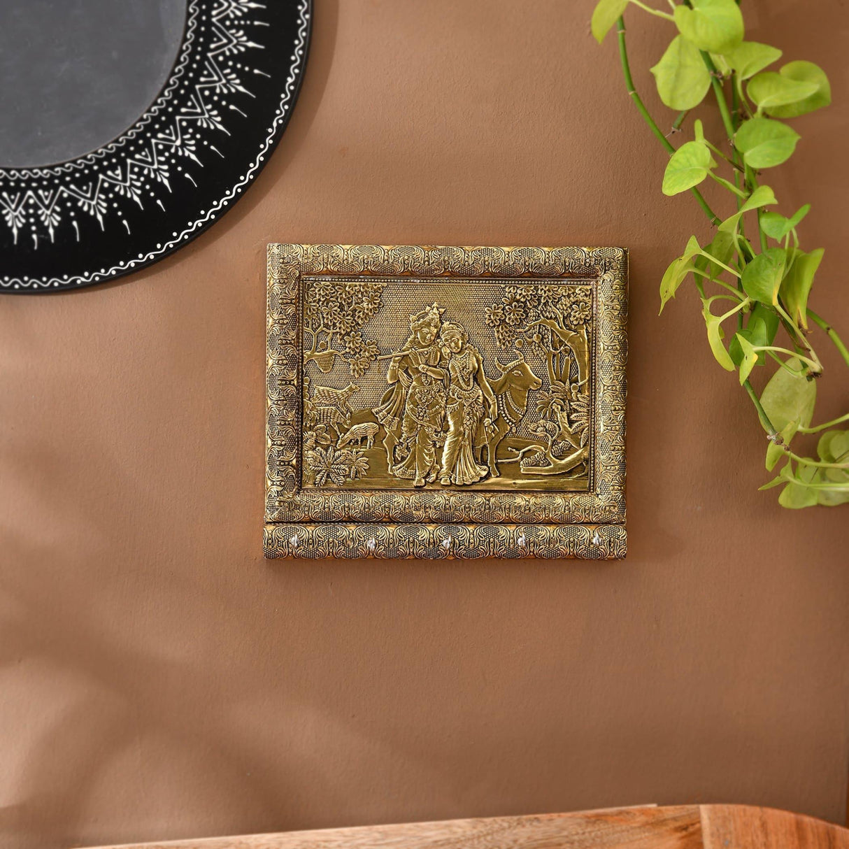 Radha Krishna with Cow Key Holder Home Decor Key Hooks for Wall Hanging Hand Crafted Decorative Showpiece Key Organizer Office Hallway Living Room Wall Mounted 5 Hooks Housewarming Gift - LoveNspire
