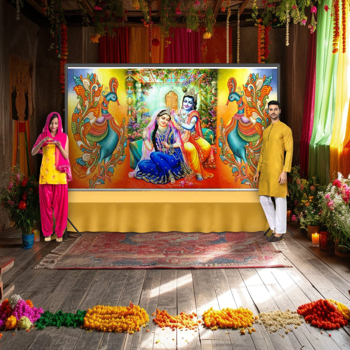 Radha Krishna with Peacock Backdrop Indian Traditional Cloth 5x8 Feet Backdrop Indian Janmashtami Decor Pooja Wall Decor Indian Wall Art Photo Decor Banner Decorative Pooja Cloth - LoveNspire
