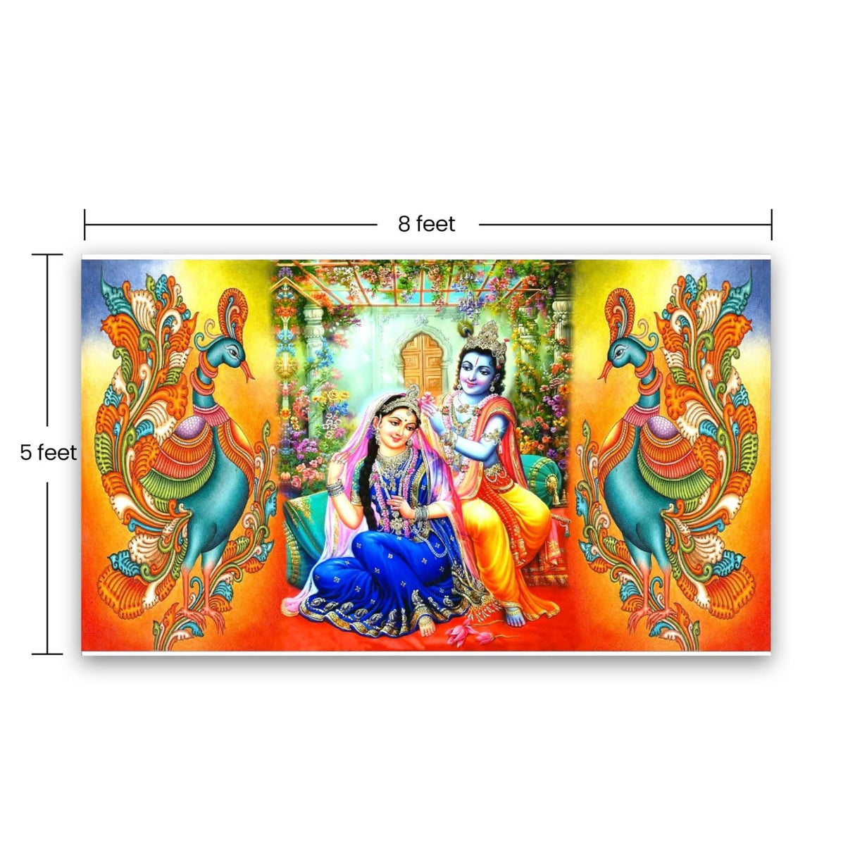 Radha Krishna with Peacock Backdrop Indian Traditional Cloth 5x8 Feet Backdrop Indian Janmashtami Decor Pooja Wall Decor Indian Wall Art Photo Decor Banner Decorative Pooja Cloth - LoveNspire