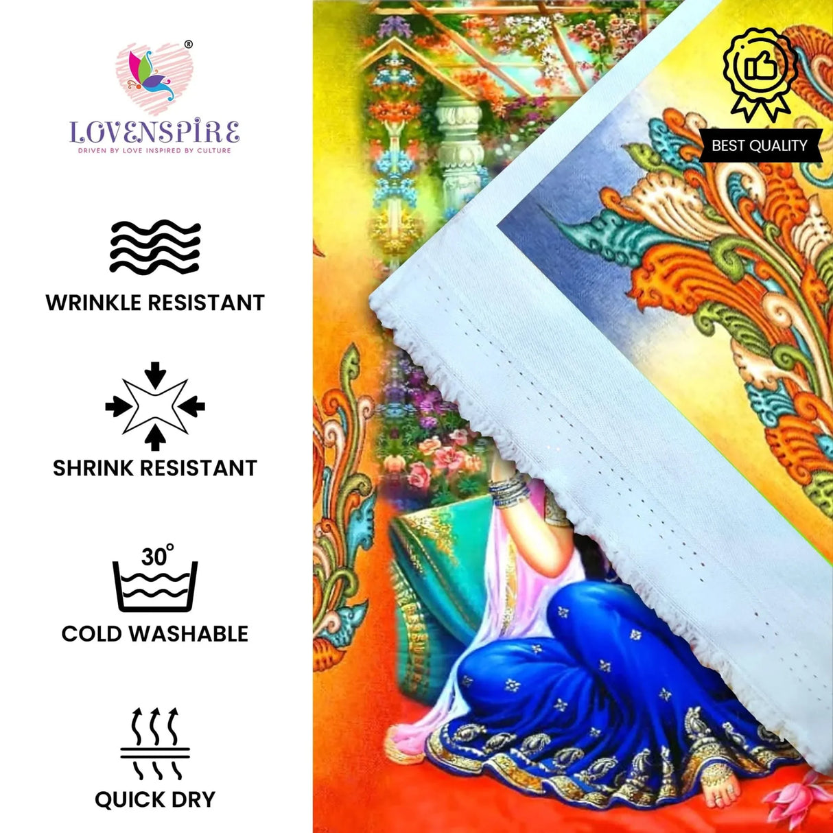 Radha Krishna with Peacock Backdrop Indian Traditional Cloth 5x8 Feet Backdrop Indian Janmashtami Decor Pooja Wall Decor Indian Wall Art Photo Decor Banner Decorative Pooja Cloth - LoveNspire