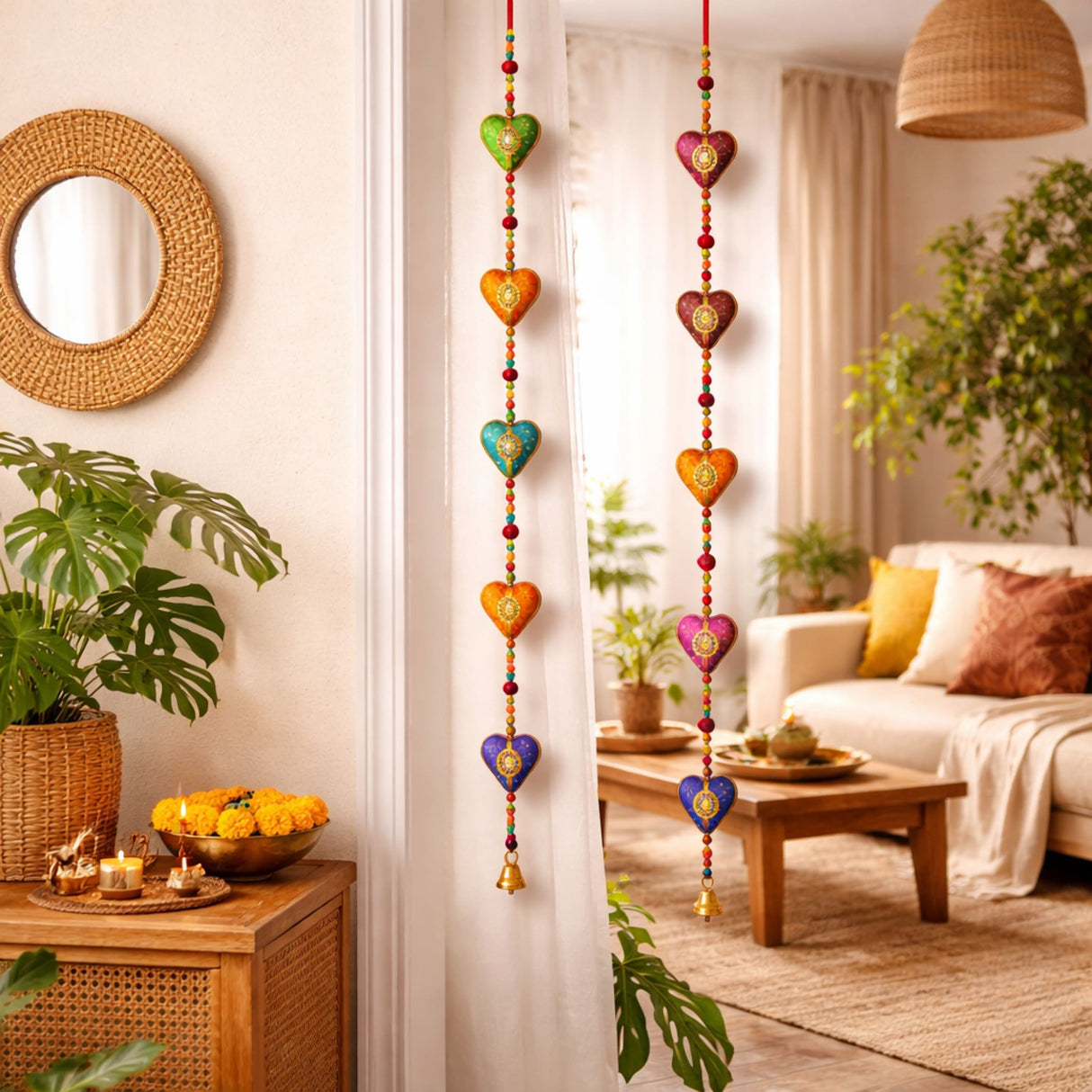 Colorful rajasthani heart-shaped door hanging wind chimes with gold detailing and small bells for home decor