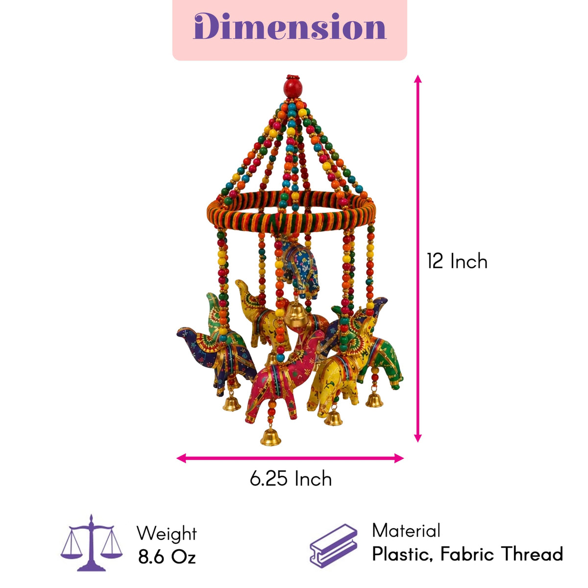 A colorful 12-inch rajasthani ring elephant wall hanging with intricately painted wooden elephants and golden bells for home decor