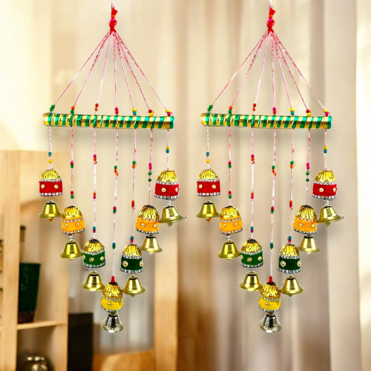 Indian Wind Chimes Colorful Bells Windchimes Jhoomar Rajasthani Hanging for Home Wall Temple Bedroom Outdoor Decor Decorative Accessories for Patio Porch Wedding Housewarming Gifts (2 PCs) - LoveNspire