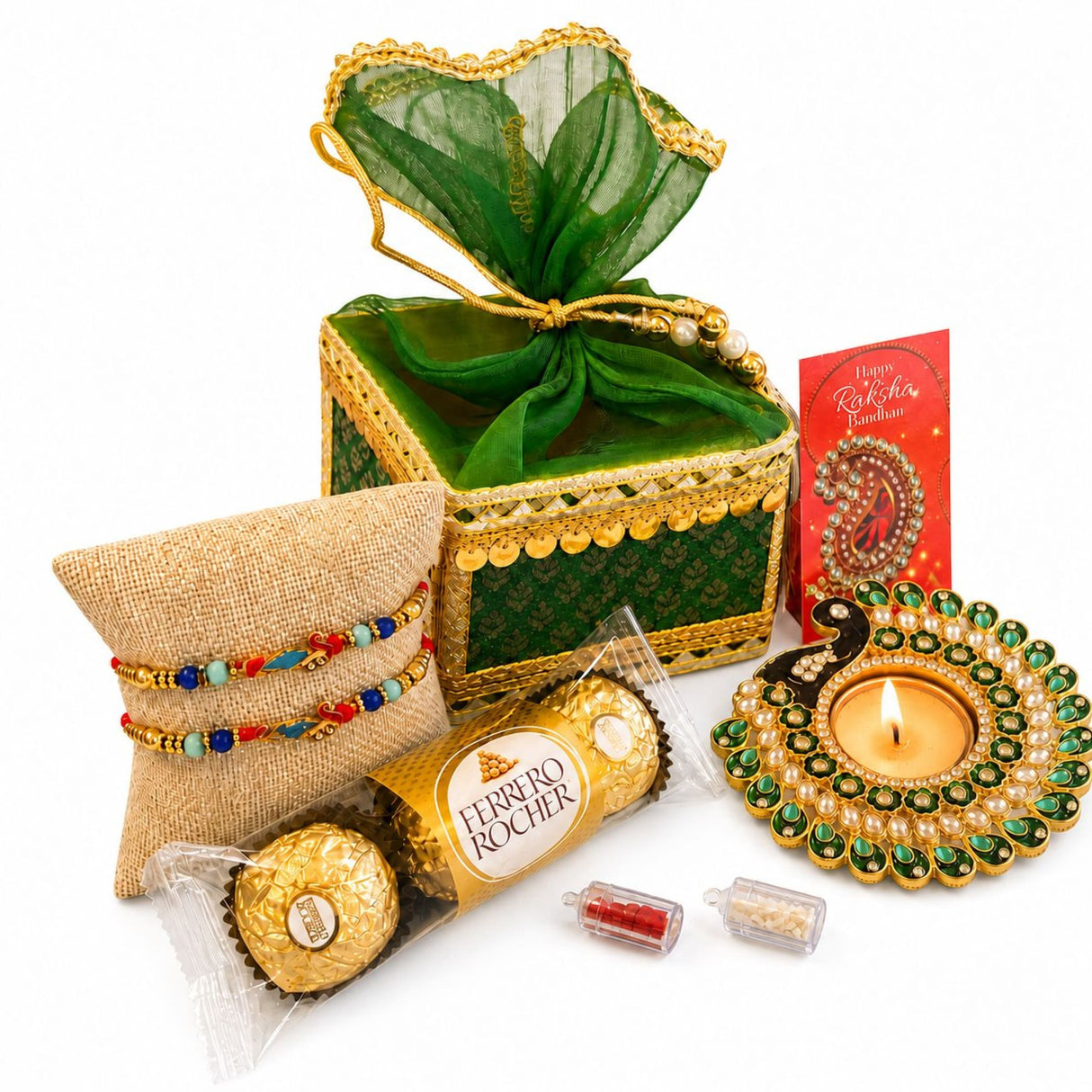 Green and gold ornate ganesha raksha bandhan gift hamper box with sheer green organza lining for brother and bhabhi