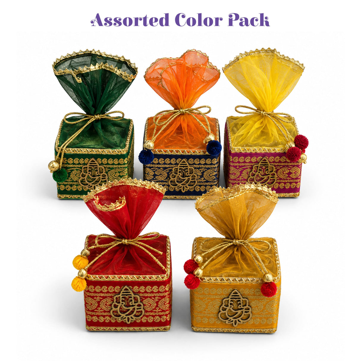 Assorted color gift boxes with embroidered ganesha motifs gold-trimmed fabric tops and pom-pom ties for rakhi gift hamper