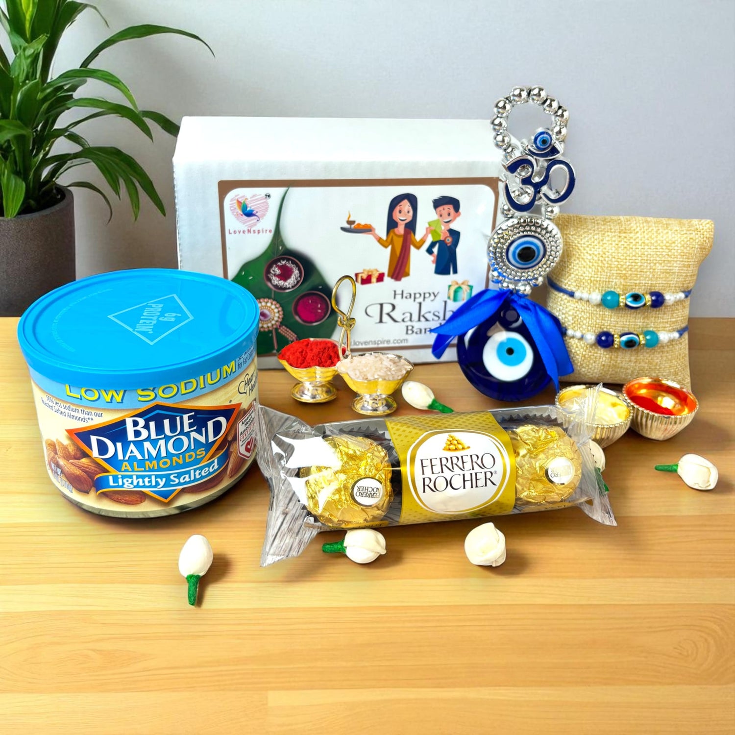 Rakhi gift set with Rakhis, chocolates, and accessories for Bhai Bhabhi Rakshabandhan celebration