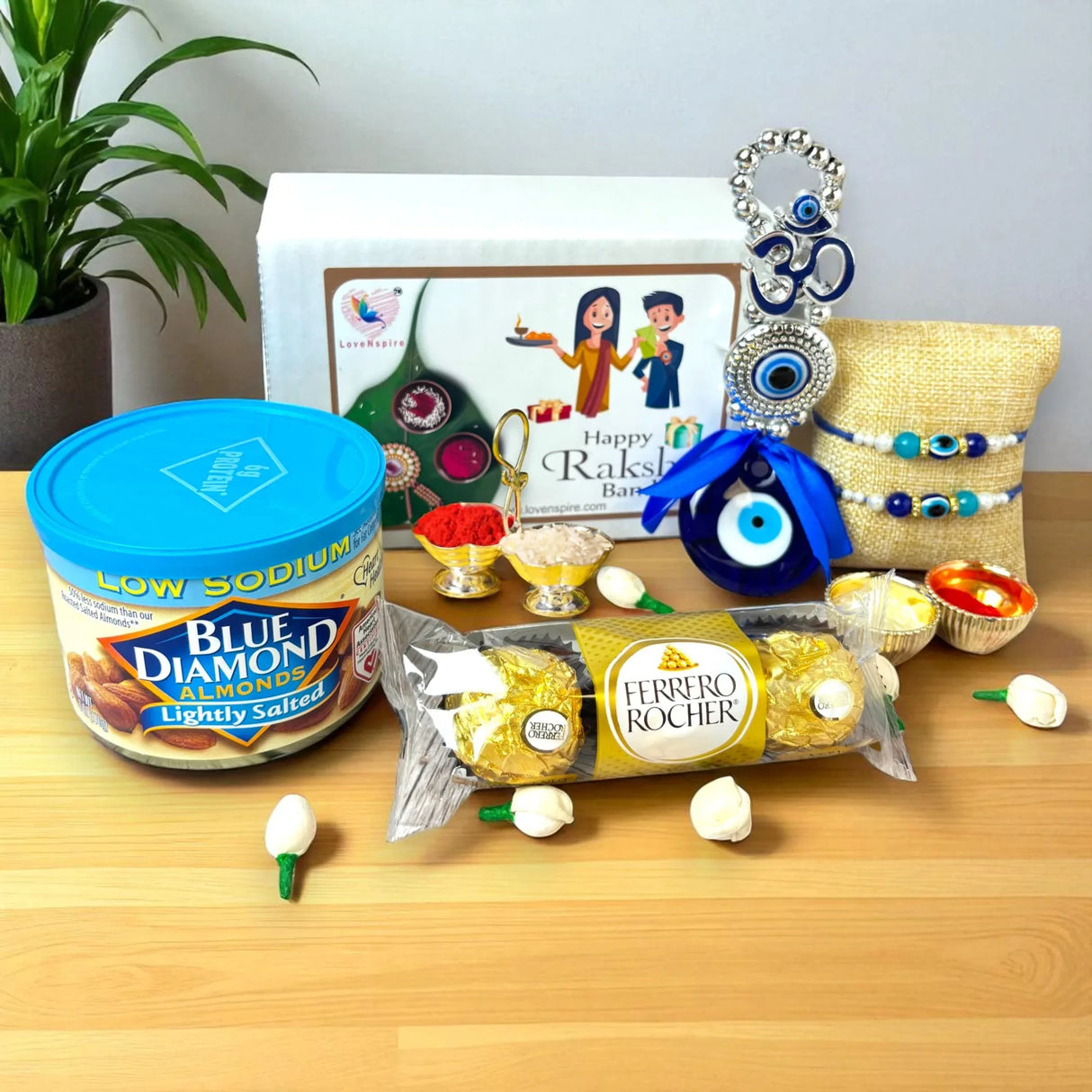Rakhi Gift Hamper for Brother Set of 2 Rakhi with Om Evil Eye Hanger Haldi Kumkum Holder Roli Chawal Rakshabandhan Card Chocolates with Gift Set - Evil Eye Bracelets for Bhai Bhabhi - LoveNspire