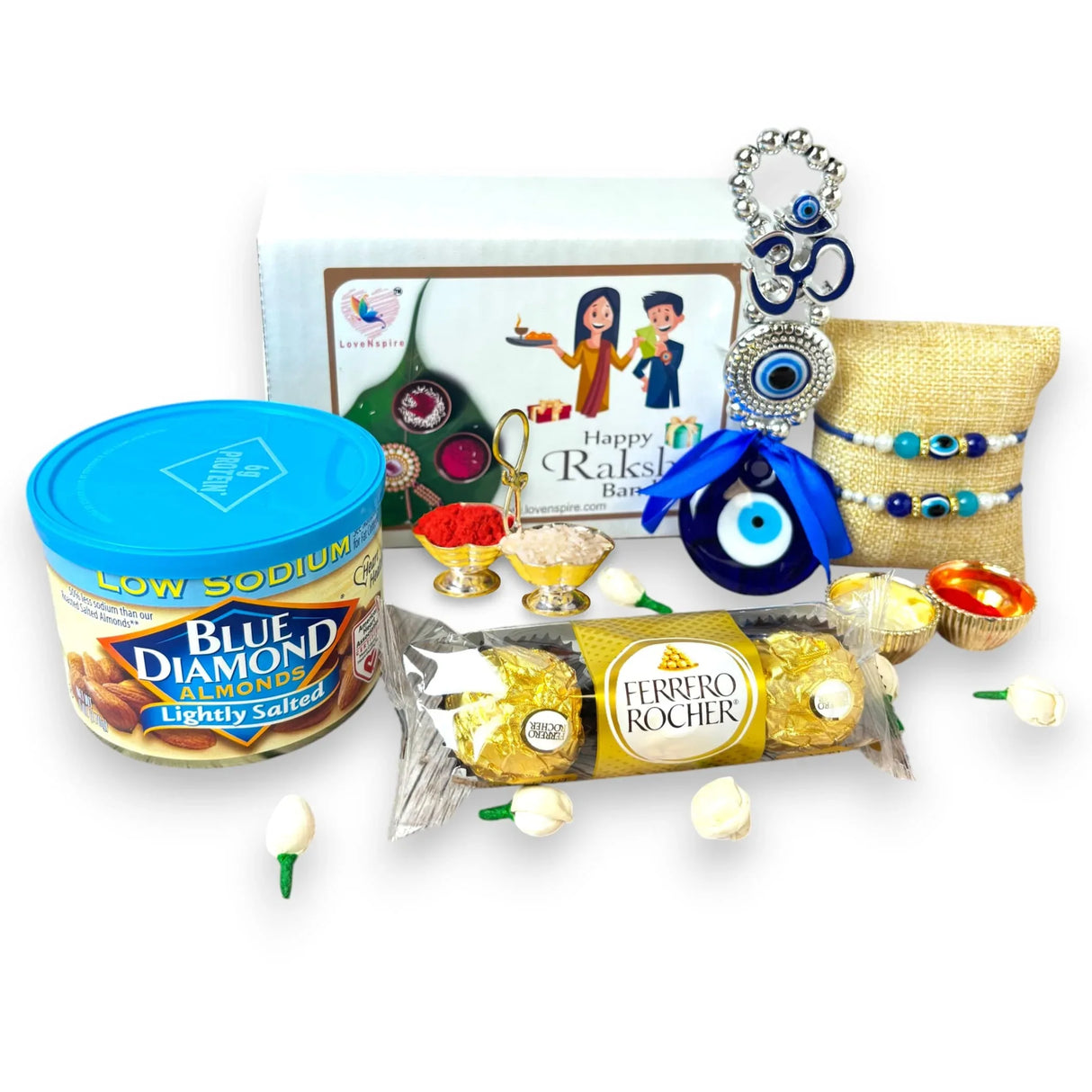 Rakhi Gift Hamper for Brother Set of 2 Rakhi with Om Evil Eye Hanger Haldi Kumkum Holder Roli Chawal Rakshabandhan Card Chocolates with Gift Set - Evil Eye Bracelets for Bhai Bhabhi - LoveNspire