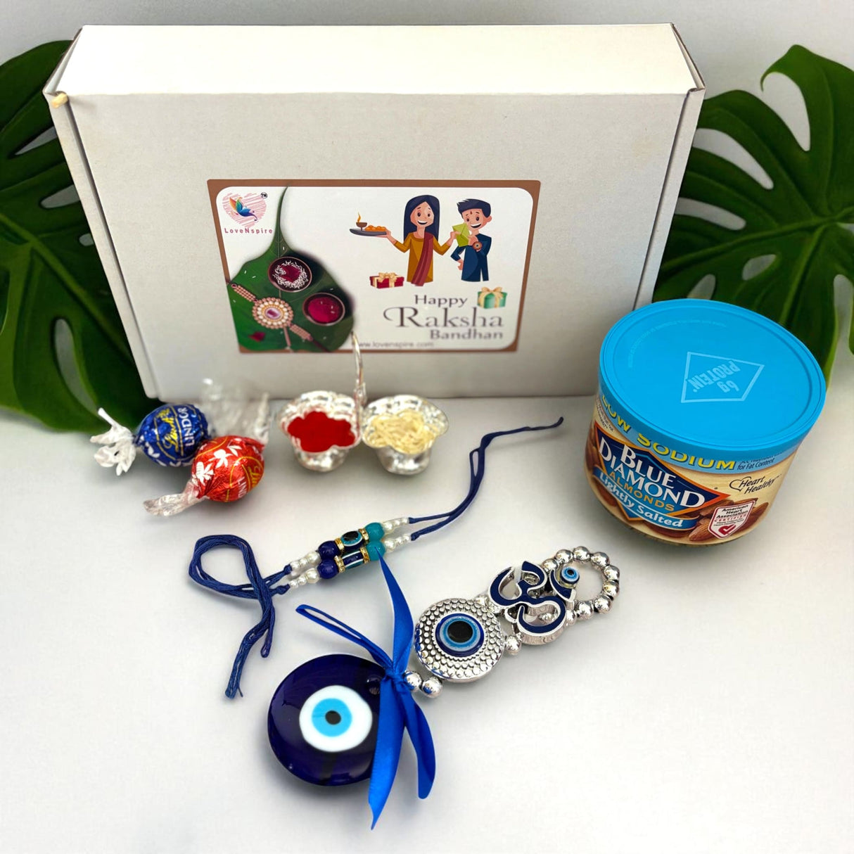 Raksha Bandhan gift box with treats and Rakhis from Rakhi Gift Hamper for Brother set