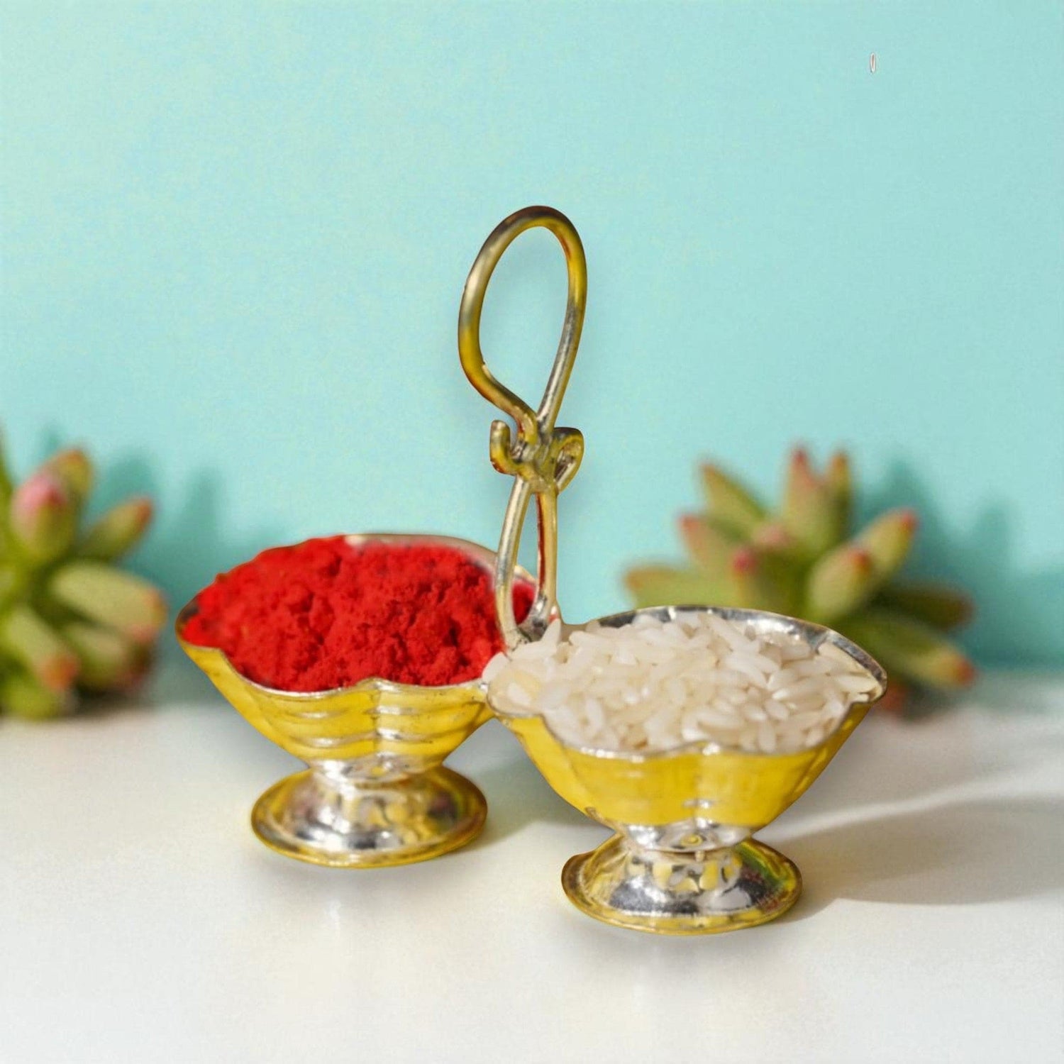 Golden and silver two-bowl condiment server included in Rakhi Gift Hamper Set