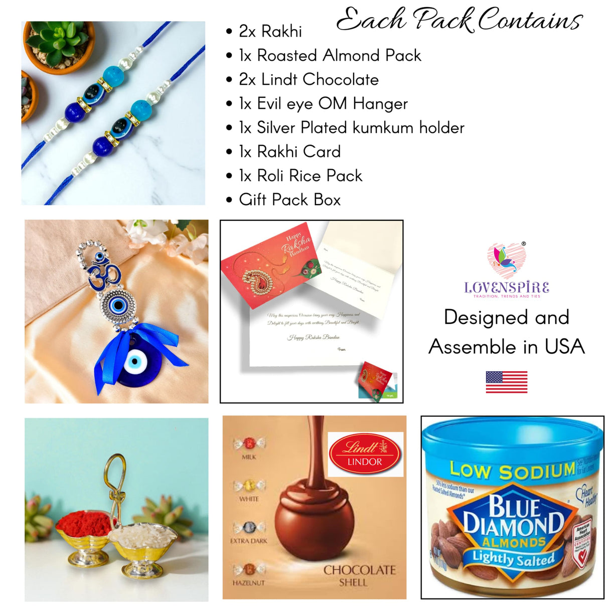 Image displaying Rakhi gift pack contents including Rakhis, chocolates, accessories, and cards