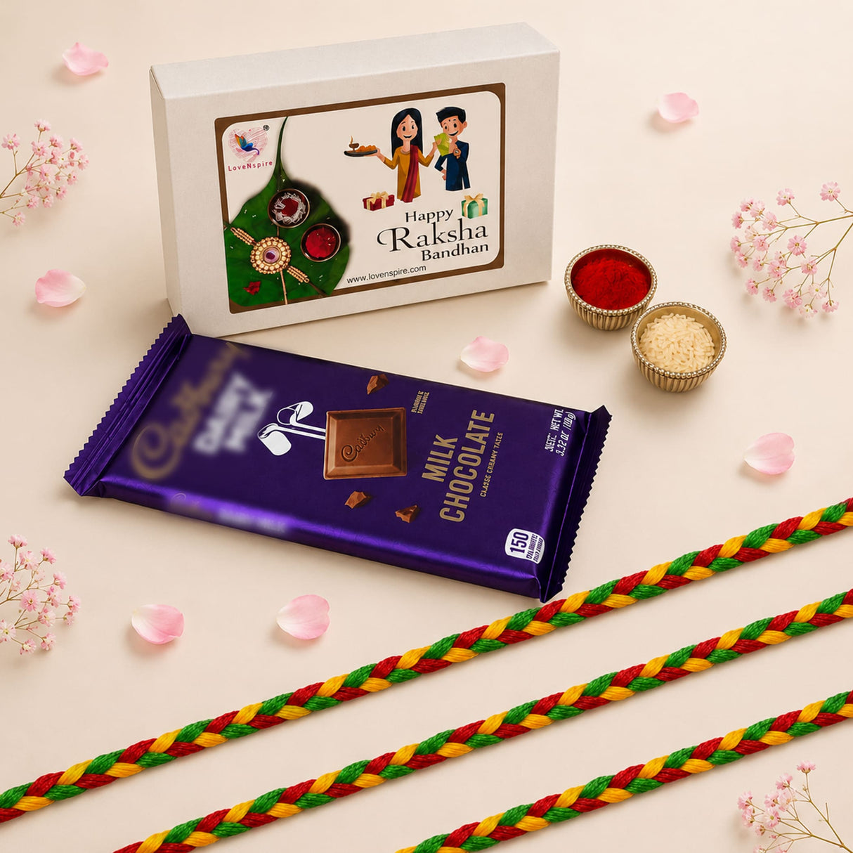 Purple cadbury milk chocolate bar with gold foil and visible piece included in Rakhi gift hamper set for brother and bhabhi