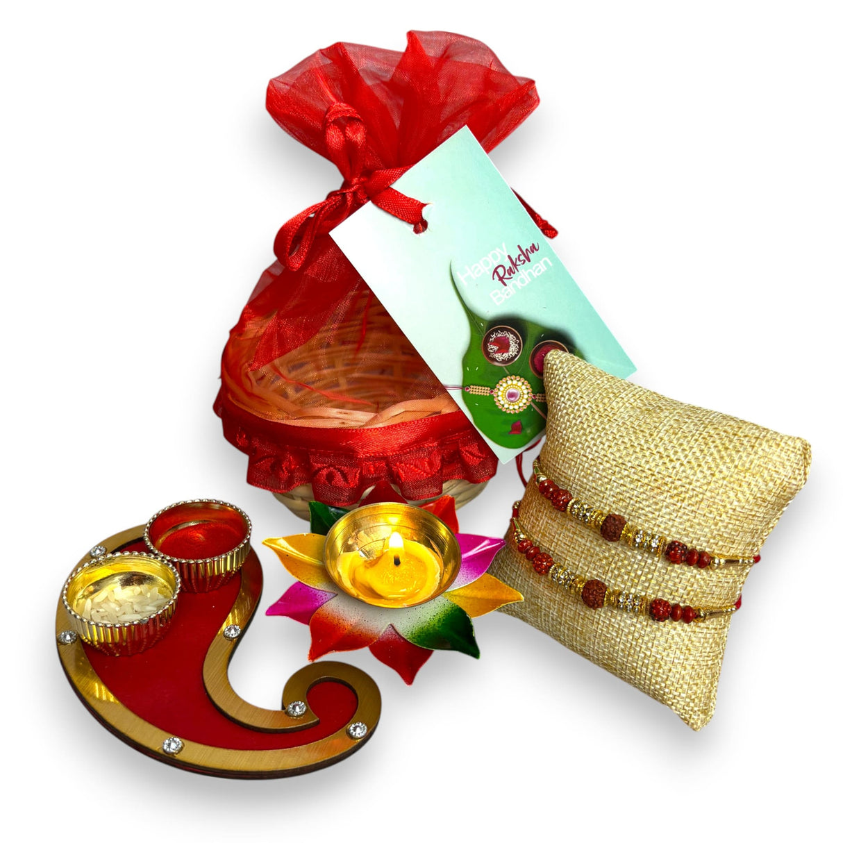 Rakhi Gift Hamper Rakhi for Brother with Gift Set - Rakhi with Roli Chawal Greeting Card Haldi Kumkum Holder Wooden Gift Basket - Raksha Bandhan Bracelet Rakhi for Bhai - LoveNspire
