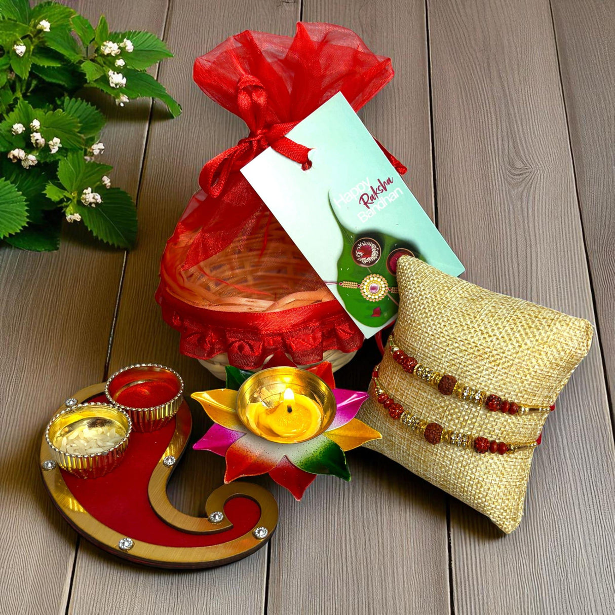Rakhi Gift Hamper Rakhi for Brother with Gift Set - Rakhi with Roli Chawal Greeting Card Haldi Kumkum Holder Wooden Gift Basket - Raksha Bandhan Bracelet Rakhi for Bhai - LoveNspire