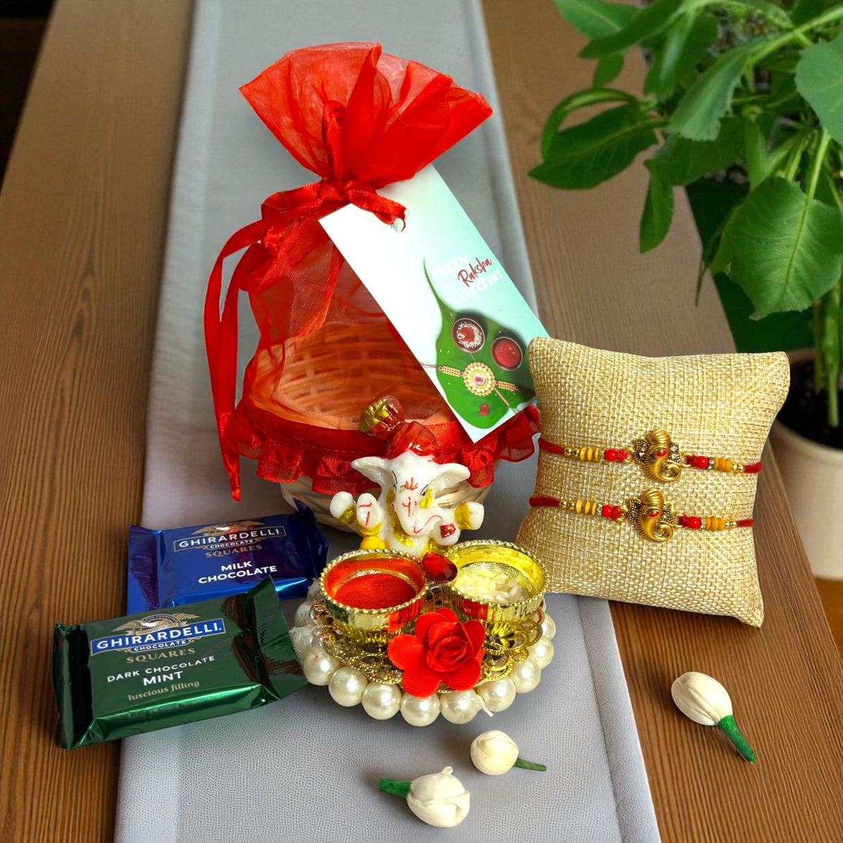 Rakhi Gift Hamper Rakhi for Brother with Gift Set - Rakhi with Roli Chawal Greeting Card Haldi Kumkum Holder Wooden Gift Basket - Raksha Bandhan Bracelet Rakhi for Bhai - LoveNspire