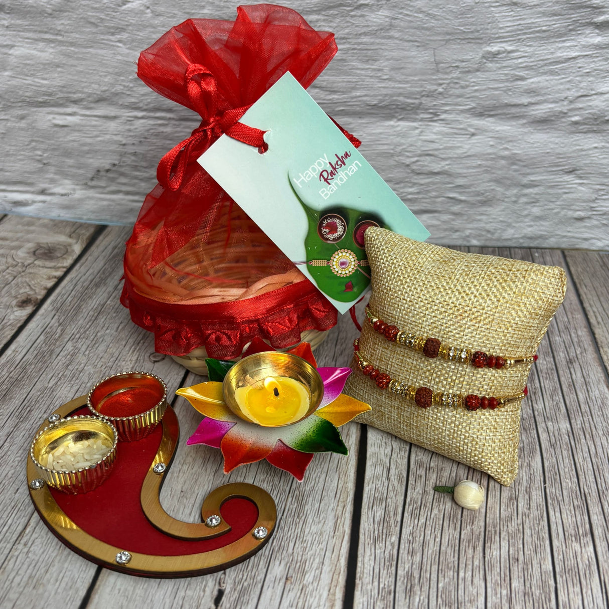 Rakhi Gift Hamper Rakhi for Brother with Gift Set - Rakhi with Roli Chawal Greeting Card Haldi Kumkum Holder Wooden Gift Basket - Raksha Bandhan Bracelet Rakhi for Bhai - LoveNspire