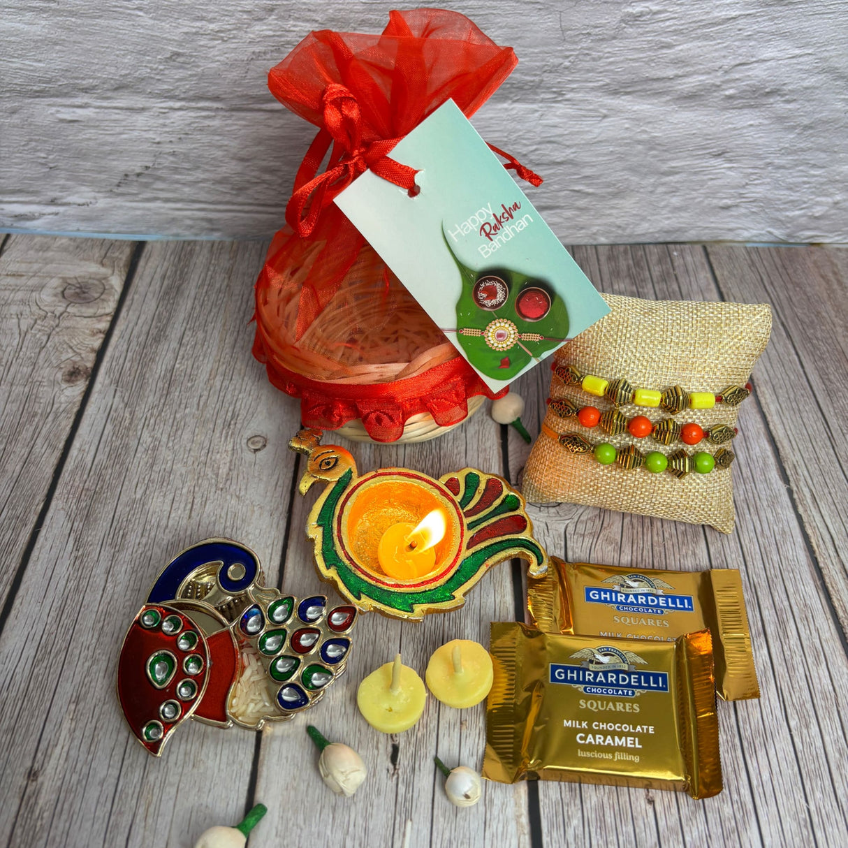 Rakhi Gift Hamper Rakhi for Brother with Gift Set - Rakhi with Roli Chawal Greeting Card Haldi Kumkum Holder Wooden Gift Basket - Raksha Bandhan Bracelet Rakhi for Bhai - LoveNspire
