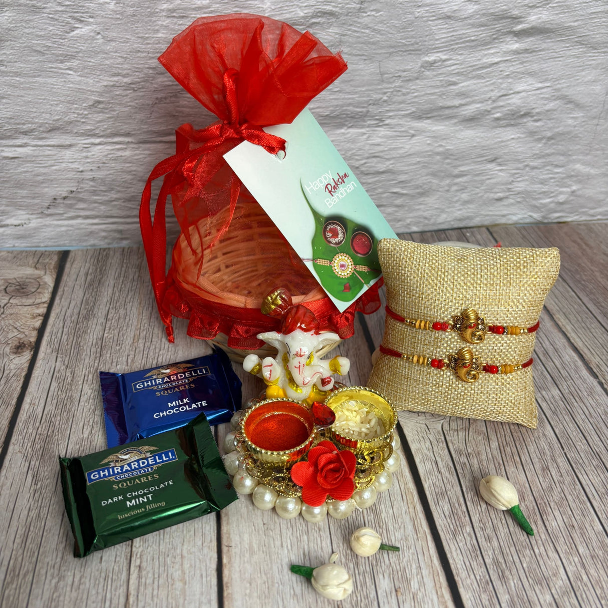 Rakhi Gift Hamper Rakhi for Brother with Gift Set - Rakhi with Roli Chawal Greeting Card Haldi Kumkum Holder Wooden Gift Basket - Raksha Bandhan Bracelet Rakhi for Bhai - LoveNspire