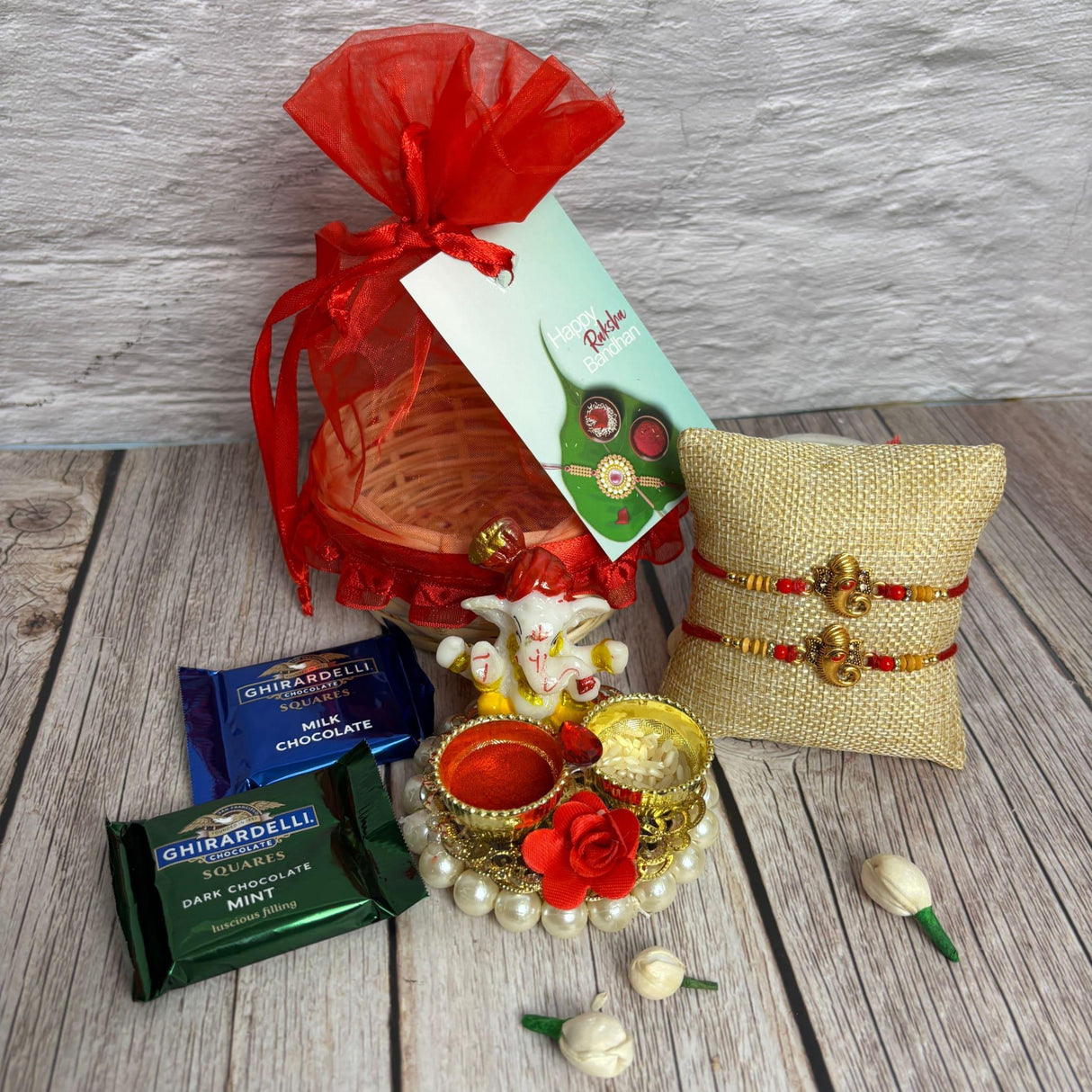 Rakhi Gift Hamper Rakhi for Brother with Gift Set - Rakhi with Roli Chawal Greeting Card Haldi Kumkum Holder Wooden Gift Basket - Raksha Bandhan Bracelet Rakhi for Bhai - LoveNspire