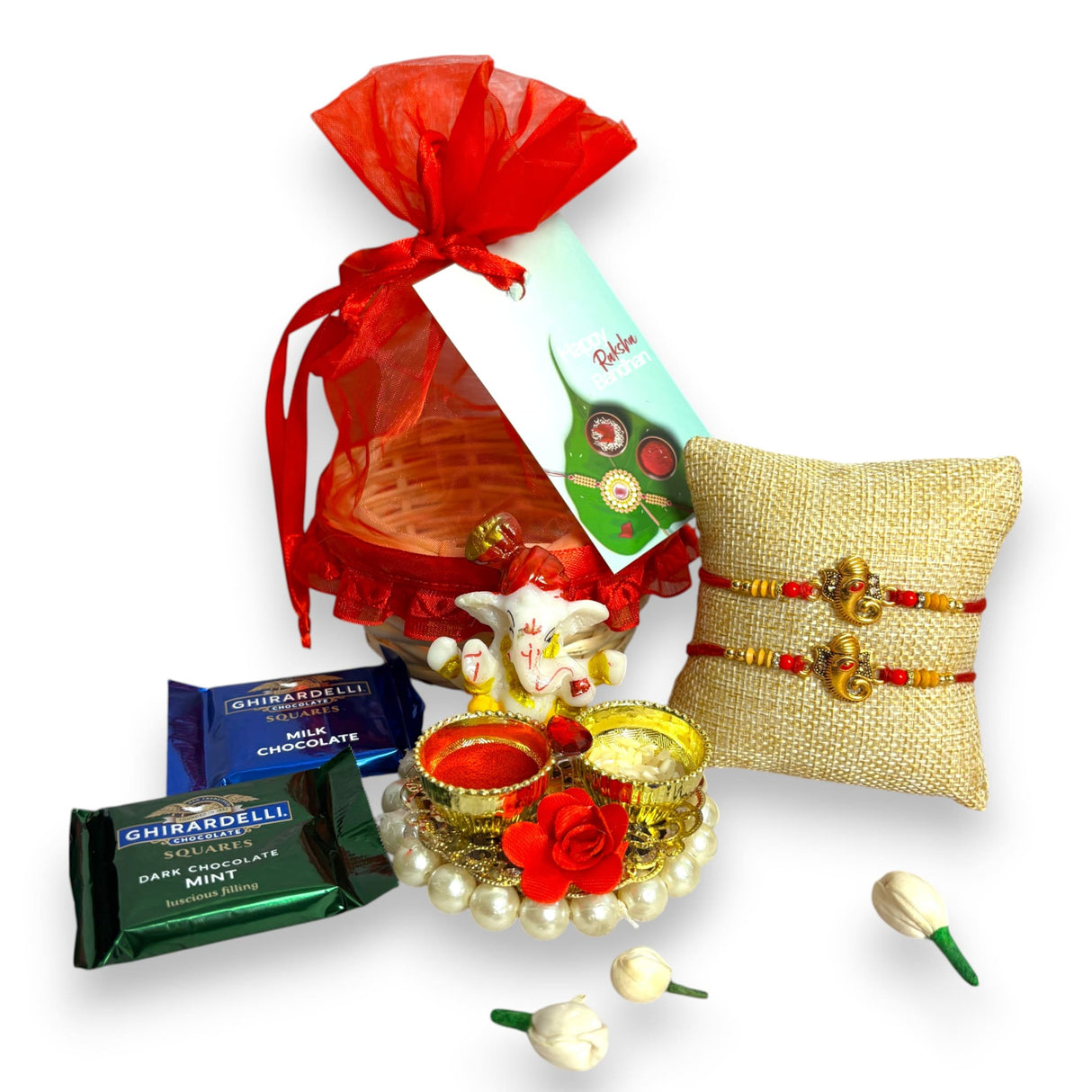 Rakhi Gift Hamper Rakhi for Brother with Gift Set - Rakhi with Roli Chawal Greeting Card Haldi Kumkum Holder Wooden Gift Basket - Raksha Bandhan Bracelet Rakhi for Bhai - LoveNspire