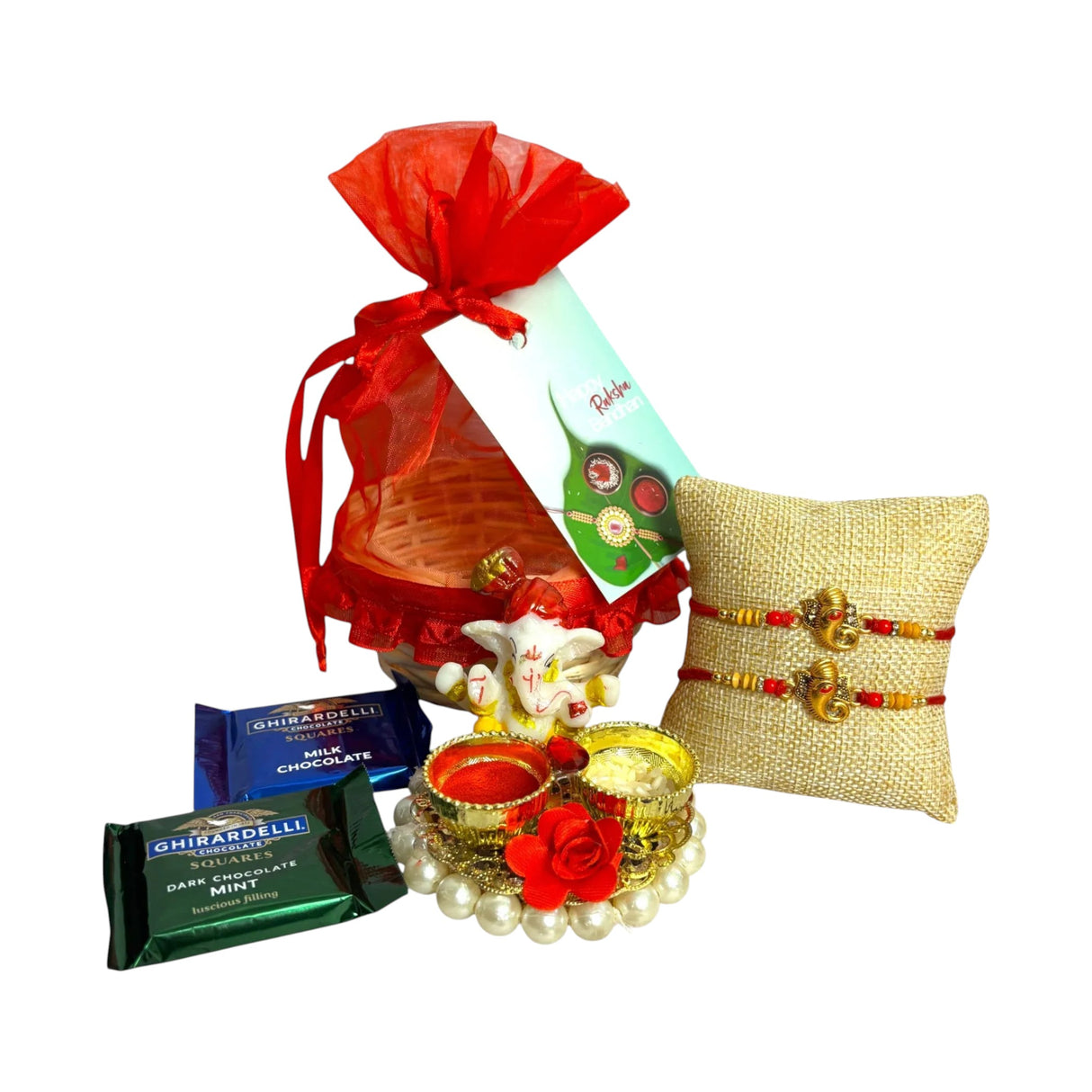 Rakhi Gift Hamper Rakhi for Brother with Gift Set - Rakhi with Roli Chawal Greeting Card Haldi Kumkum Holder Wooden Gift Basket - Raksha Bandhan Bracelet Rakhi for Bhai