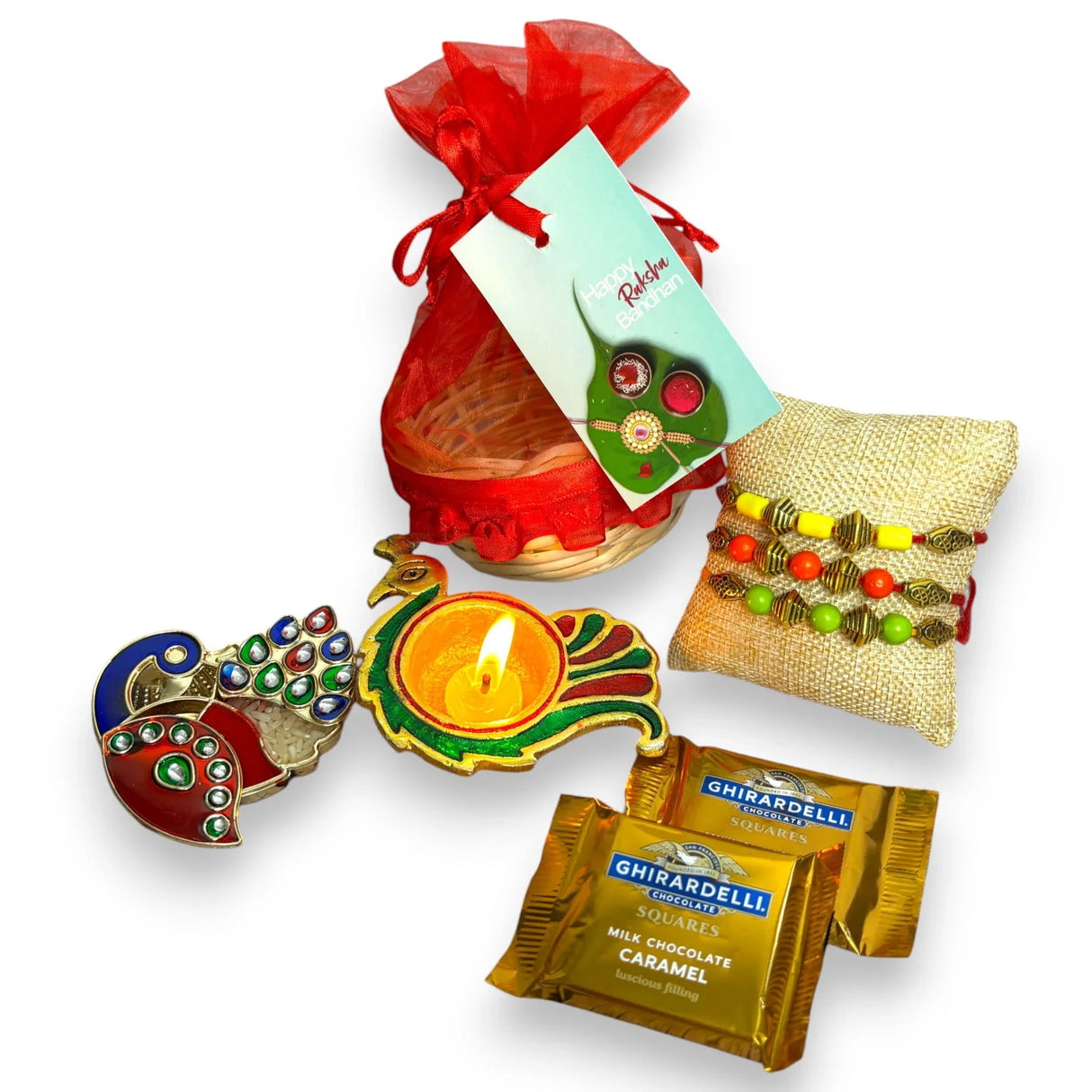 Rakhi Gift Hamper Rakhi for Brother with Gift Set - Rakhi with Roli Chawal Greeting Card Haldi Kumkum Holder Wooden Gift Basket - Raksha Bandhan Bracelet Rakhi for Bhai - LoveNspire