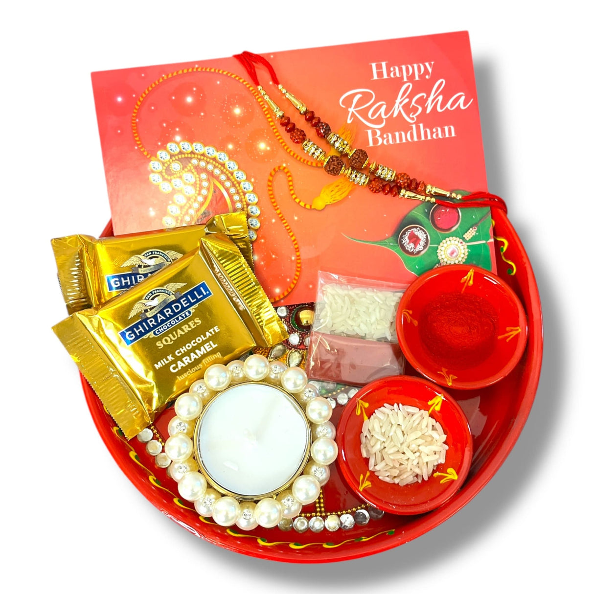 Rakhi Gift Hamper Rakhi for Brother Gift Set - Rakhi Set of 1 with Puja Thali Roli Chawal Candle Holder Sweets Greeting Card - Raksha Bandhan Bracelet Rakhi for Bhai - LoveNspire