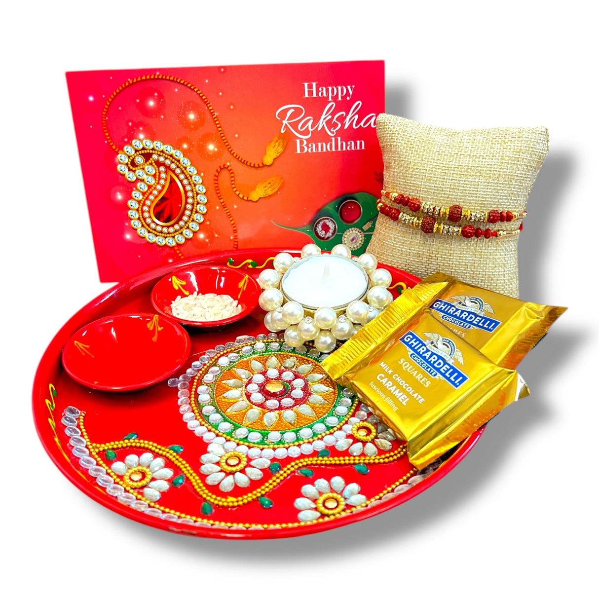 Rakhi Gift Hamper Rakhi for Brother Gift Set - Rakhi Set of 1 with Puja Thali Roli Chawal Candle Holder Sweets Greeting Card - Raksha Bandhan Bracelet Rakhi for Bhai - LoveNspire